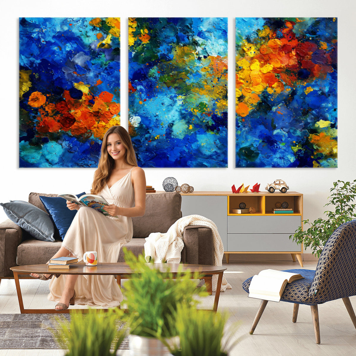 52431611-MGV-CV-36X24 - Vibrant Blue Abstract Canvas Wall Art Colorful Impasto Oil Painting Print