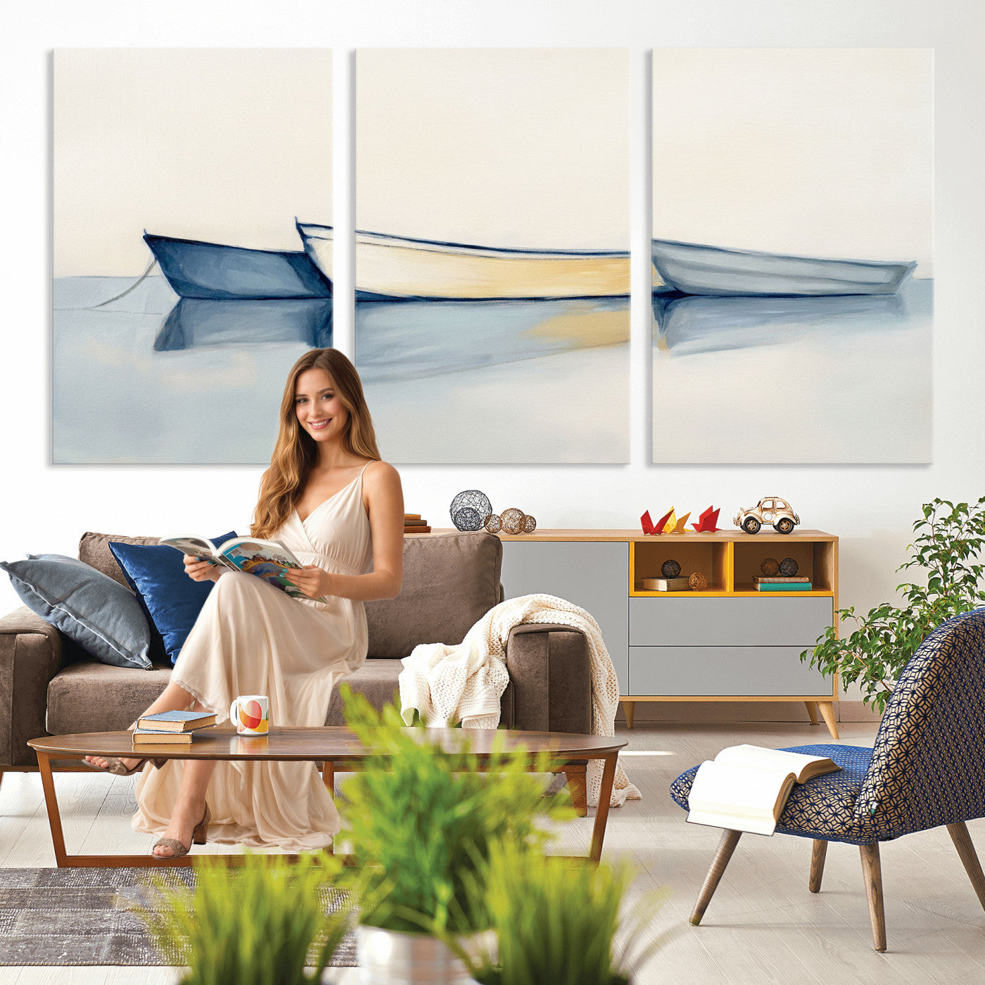 84017361-MGV-CV-36X24 - Abstract Three Boats Reflecting on Water Wall Art Canvas Print - Minimalist Coastal Seascape