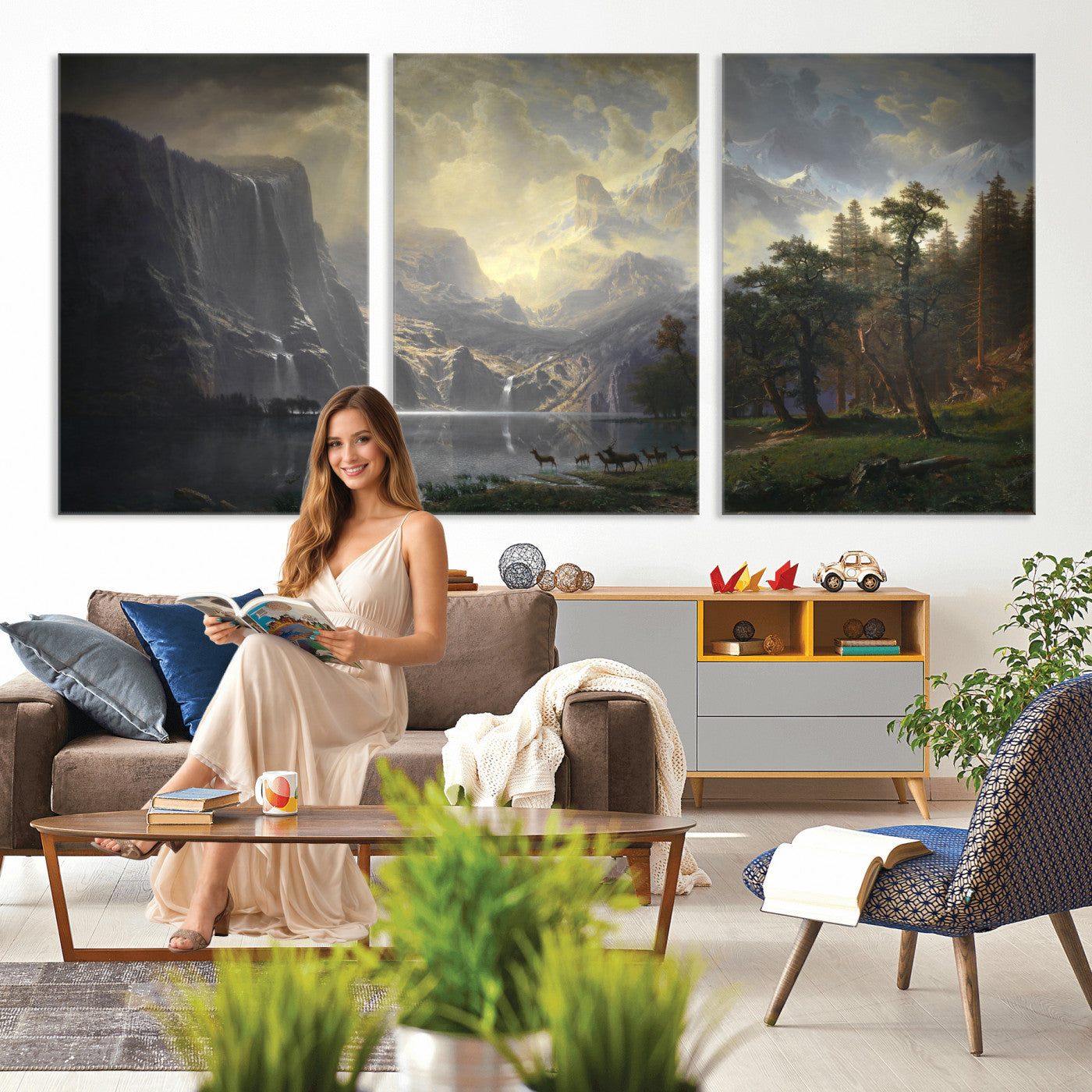 63266254-MGV-CV-36X24 - Albert Bierstadt Among the Sierra Nevada California Wall Art Canvas Print, Landscape Painting Print