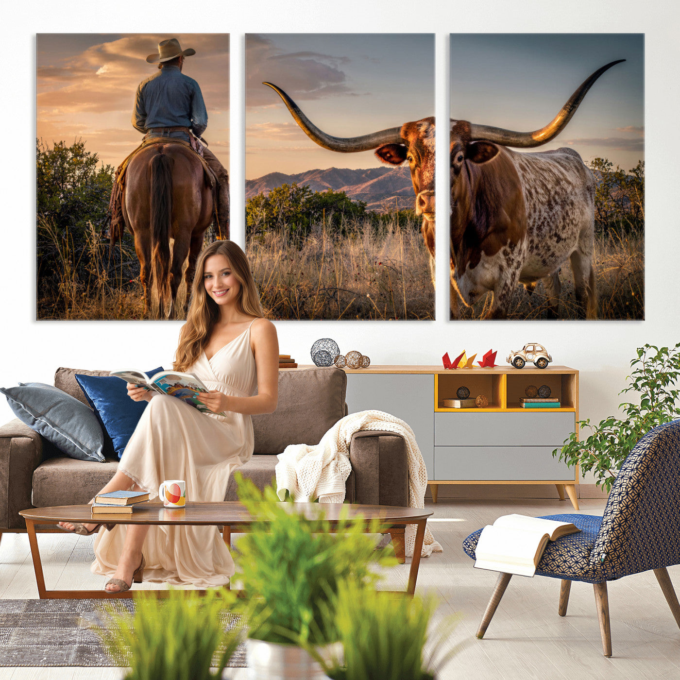 62076449-MGV-CV-60X30-3P - Texas Cow Bull Longhorn Cowboy Western Wall Art Decor for Farmhouse