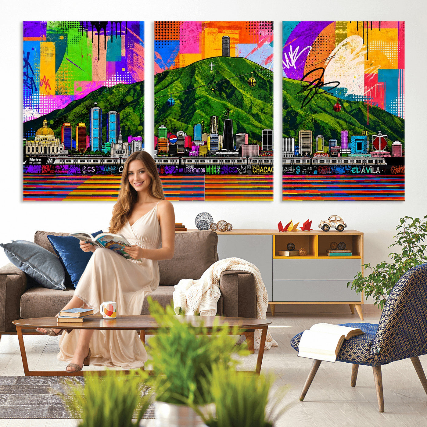 86696255-MGV-CV-36X24 - Mount Ávila, Caracas, Venezuela Wall Art Print by Artist Yorlette - Graffiti Caracas Skyline Canvas Art, Colorful Street Artwork - Venezuela El Avila Poster Print