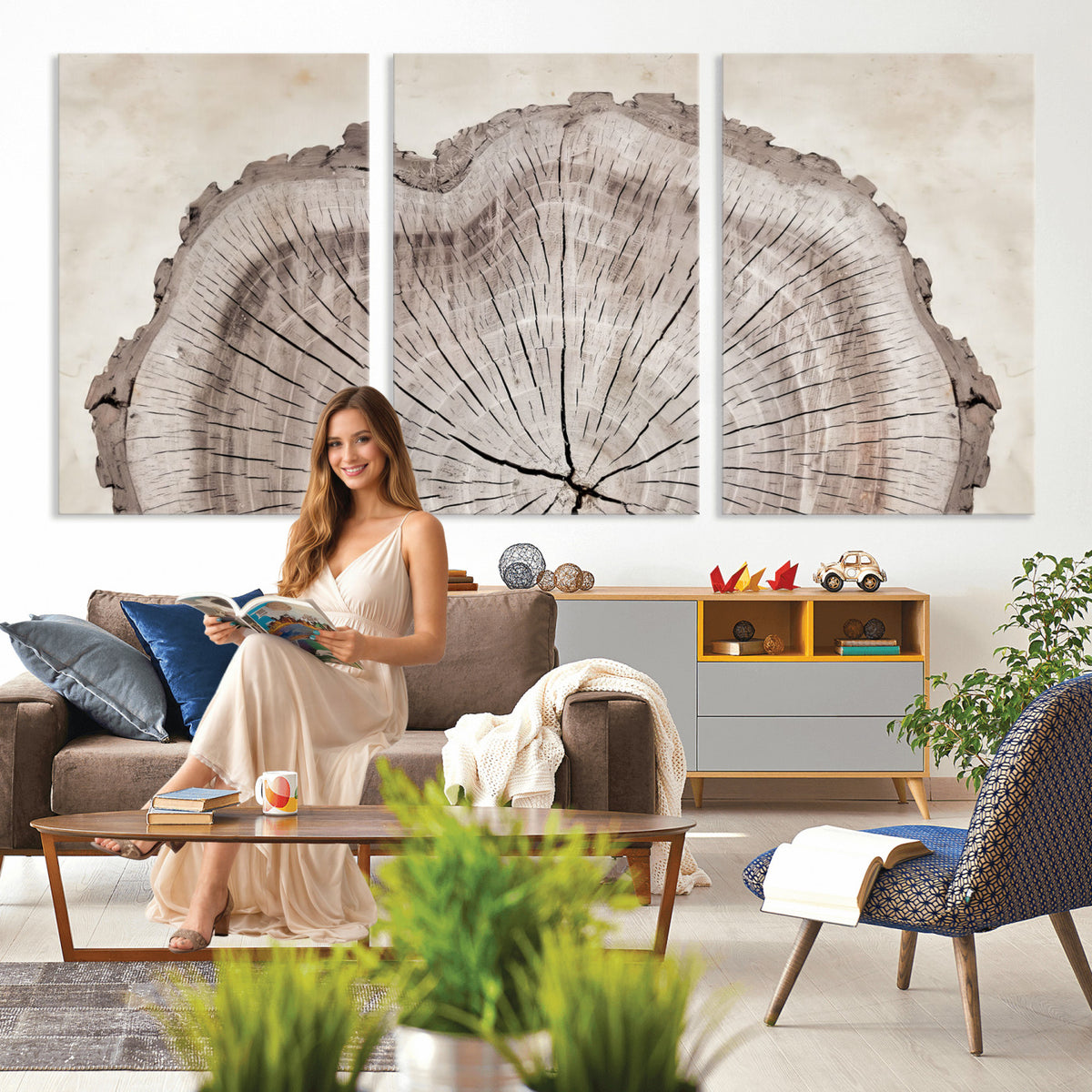 87833480-MGV-CV-60X30-3P - Tree Ring Canvas Wall Art in Neutral Earth Tones, Framed Wood Slice Print for Rustic and Japandi Interiors