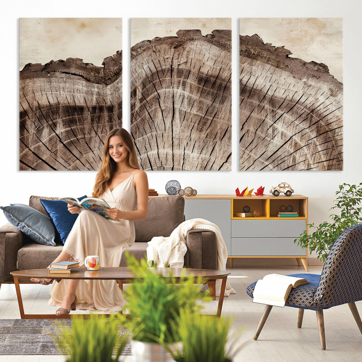 91280382-MGV-CV-60X30-3P - Tree Ring Canvas Wall Art in Neutral Earth Tones, Framed Wood Slice Print for Rustic and Japandi Interiors