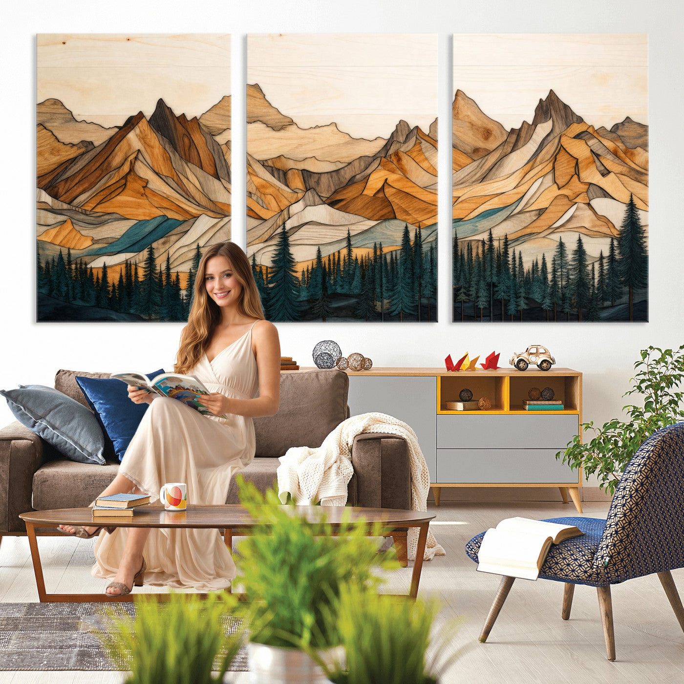 57384313-MGV-CV-60X30-3P - Mountain Landscape Canvas Wall Art with Wood Grain Effect, Golden Peaks and Teal Pine Forest, Framed Cabin Decor