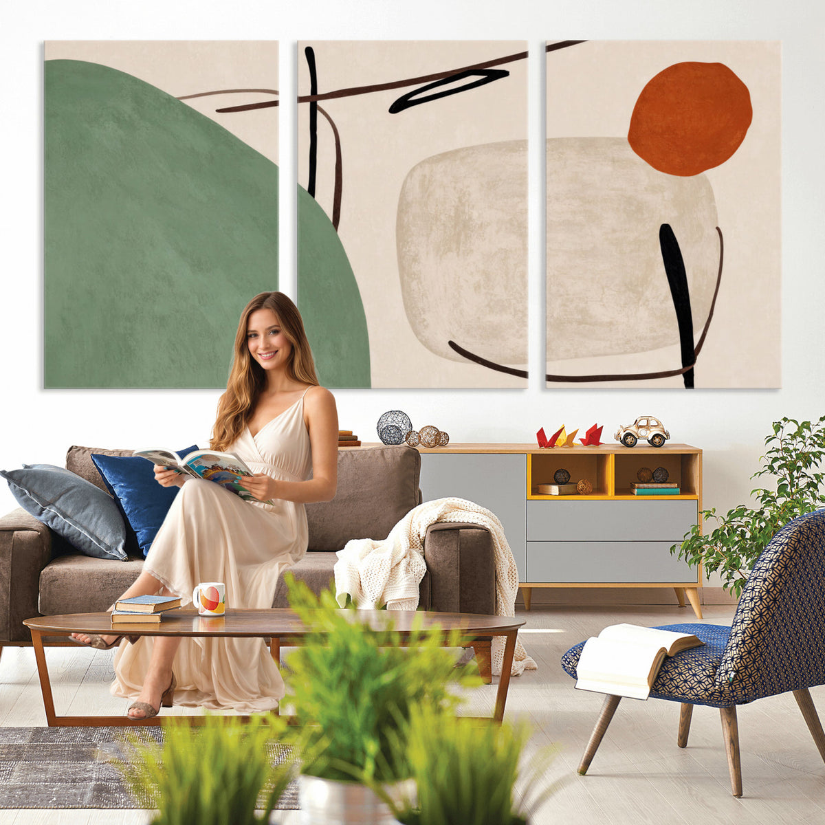 46798824-MGV-CV-48X32-3P - Mid Century Modern Geometric Canvas Wall Art, Abstract Triptych Print
