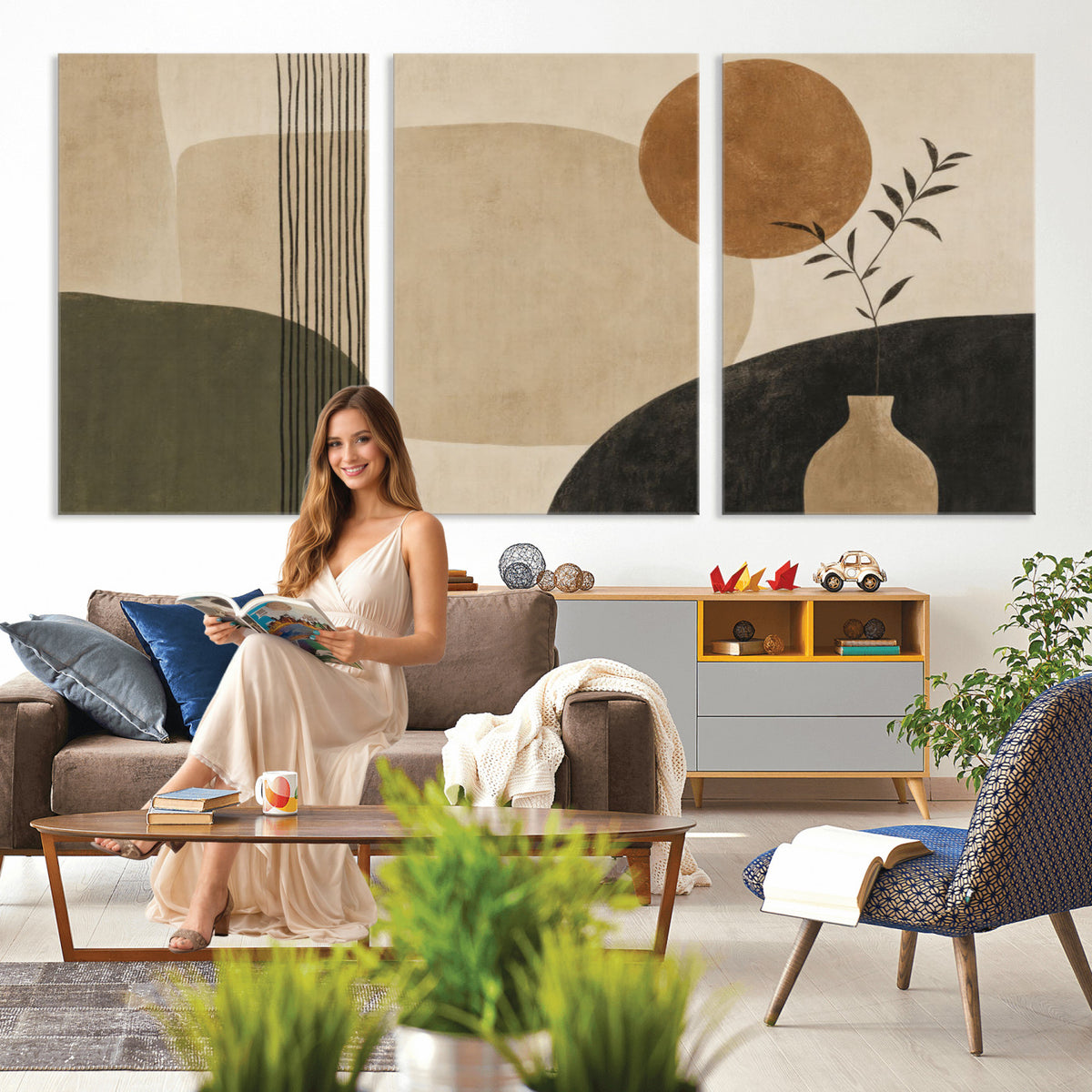 85289499-MGV-CV-60X30-3P - Boho Abstract Sun Canvas Wall Art, Minimalist Sage Green Botanical Print