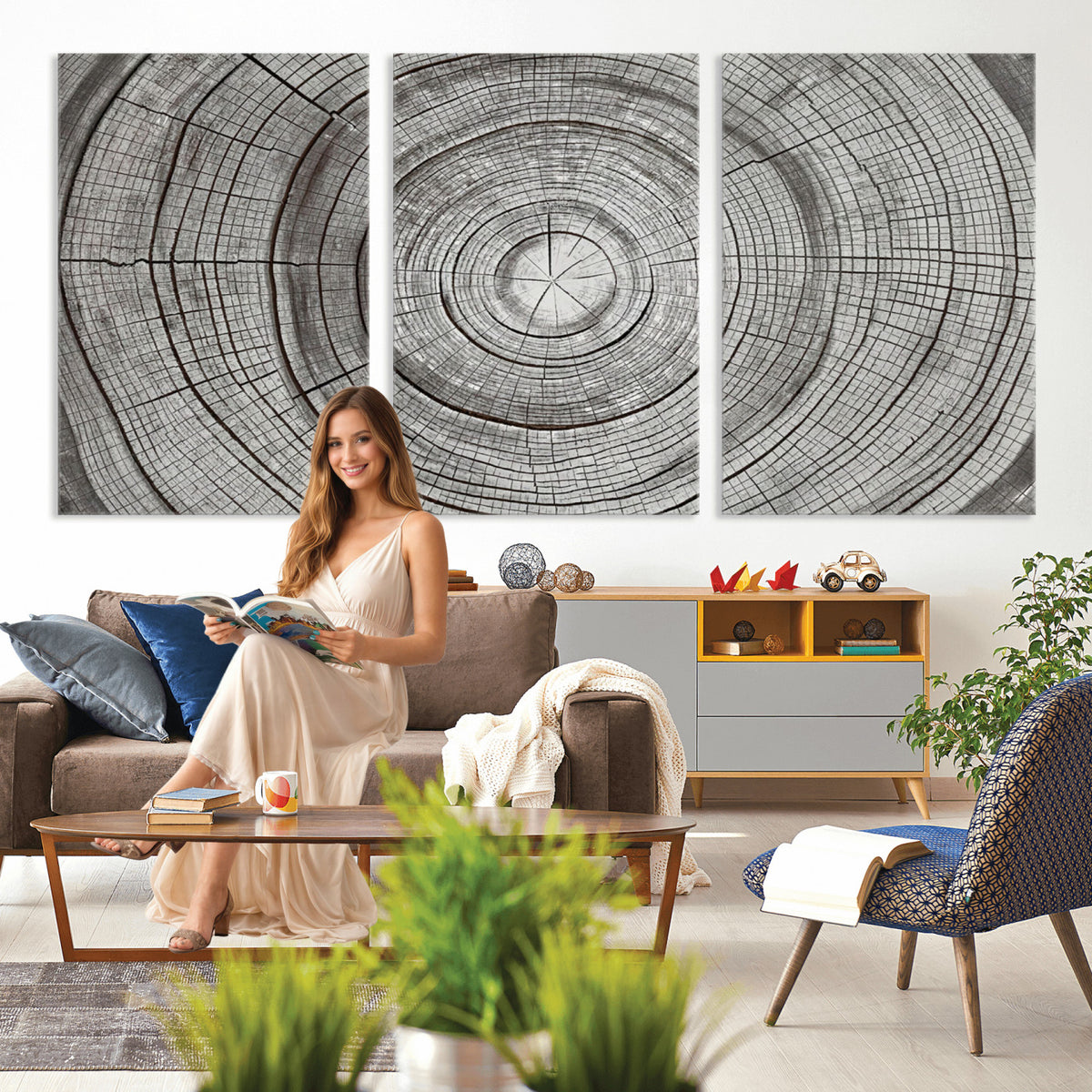62842388-MGV-CV-36X24 - Rustic Tree Ring Canvas Wall Art, Gray Wood Slice Abstract Nature Print
