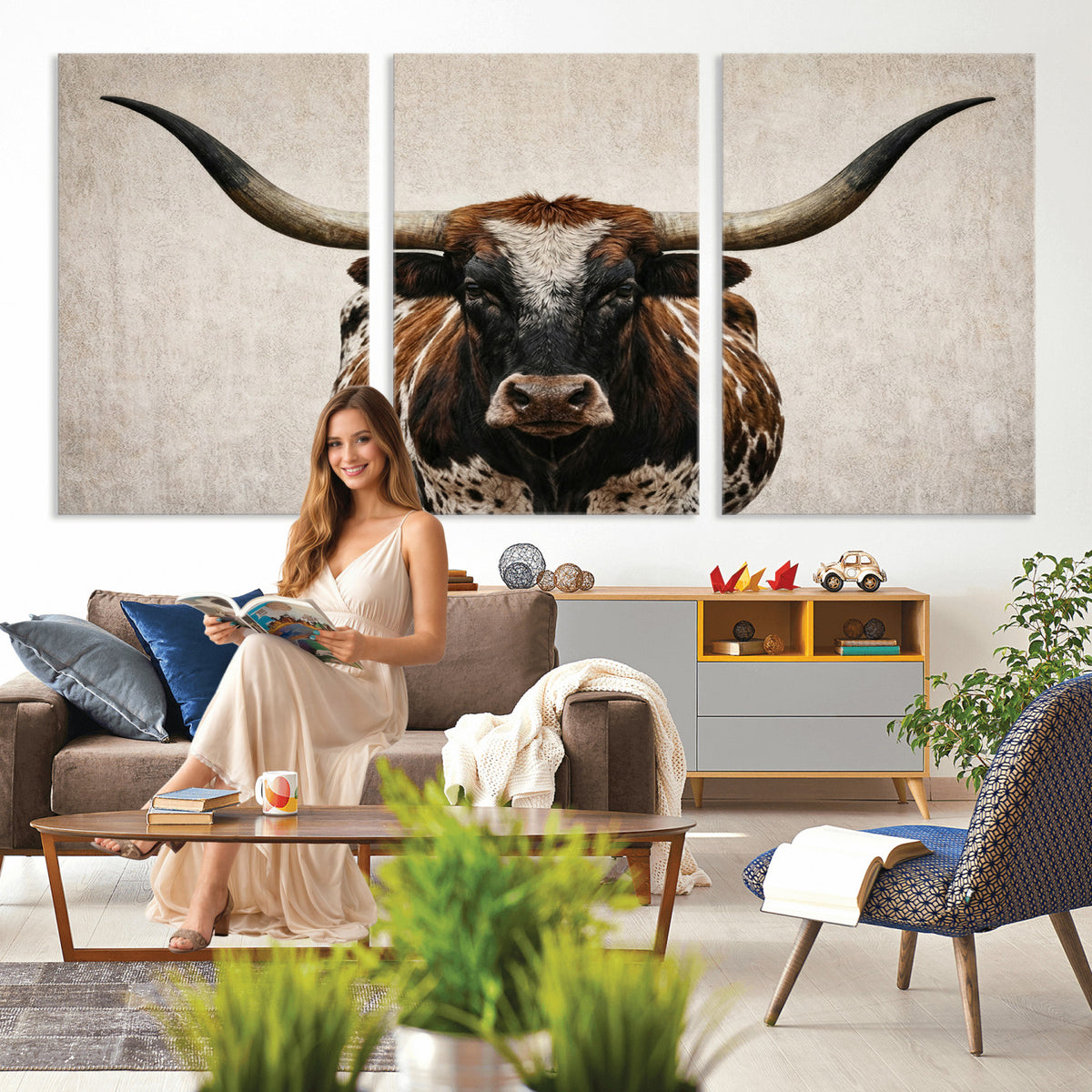 58622065-MGV-CV-36X24 - Texas Longhorn Canvas Wall Art Western Bull Desert Moody Grey Overcast Rustic Farmhouse Framed Large for Living Room Bedroom Office Decor