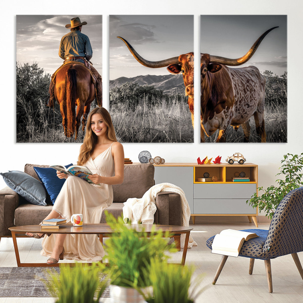 17066920-MGV-CV-60X30-3P - Extra Large Cowboy and Longhorn Wall Art Canvas Print