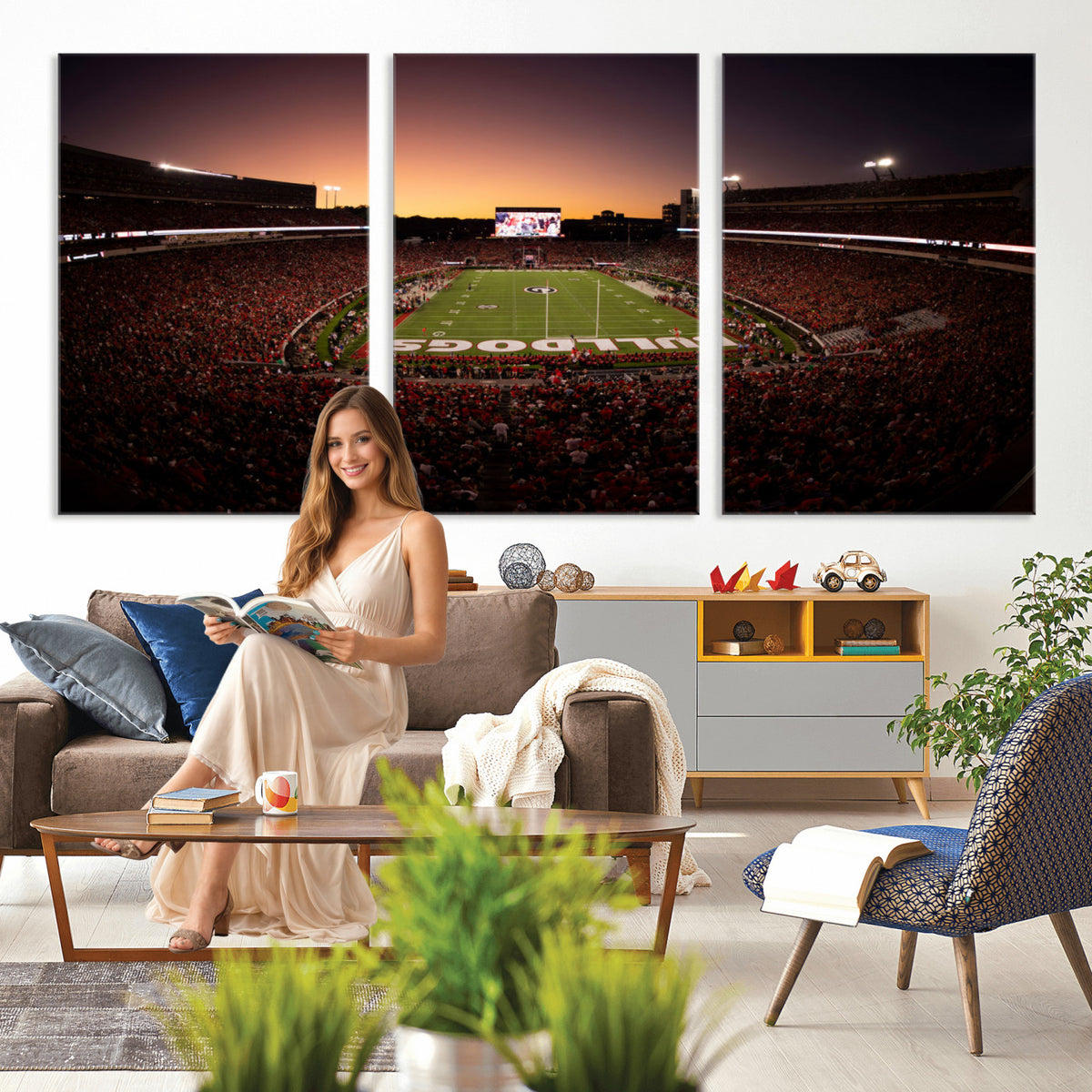 97720998-_Poster-30x20 - Georgia Bulldogs Stadium Sunset Canvas Print 3 Piece Framed Wall Art Extra Large Floating Frame Sports Poster Made in USA