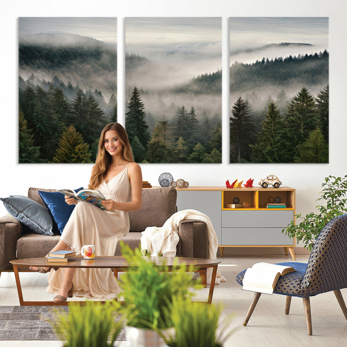 38409495-_Poster-30x20 - Misty Pine Valley Mountain Canvas Print 3 Piece Framed Wall Art Extra Large Floating Frame Nature Poster Made in USA