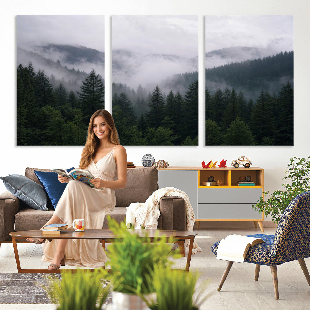 25432119-_Poster-30x20 - Misty Mountain Pine Forest Canvas Print 3 Piece Framed Wall Art Extra Large Floating Frame Nature Poster Made in USA