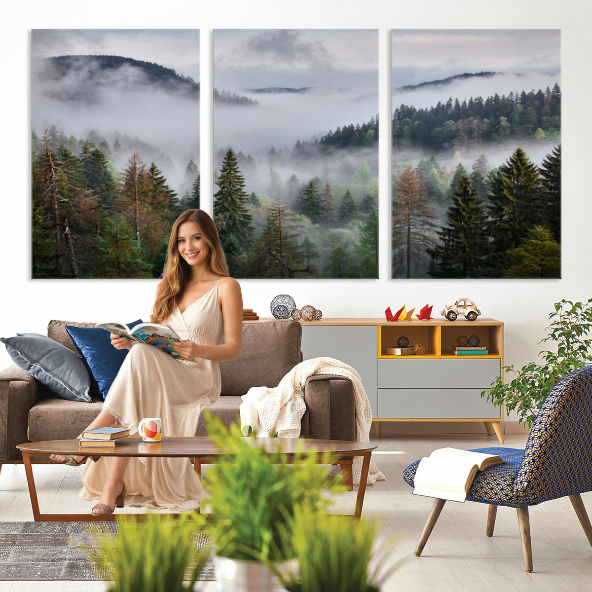 18735847-_Poster-30x20 - Foggy Pine Forest Mountain Canvas Print 3 Piece Framed Wall Art Extra Large Floating Frame Nature Poster Made in USA