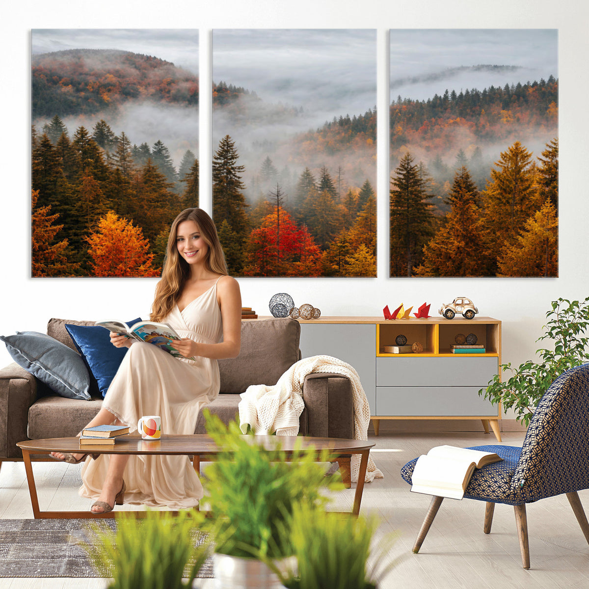 87481341-_Poster-30x20 - Foggy Autumn Mountain Canvas Print Smoky Pine Forest Wall Art Panoramic Nature Poster 3 Piece Made in USA