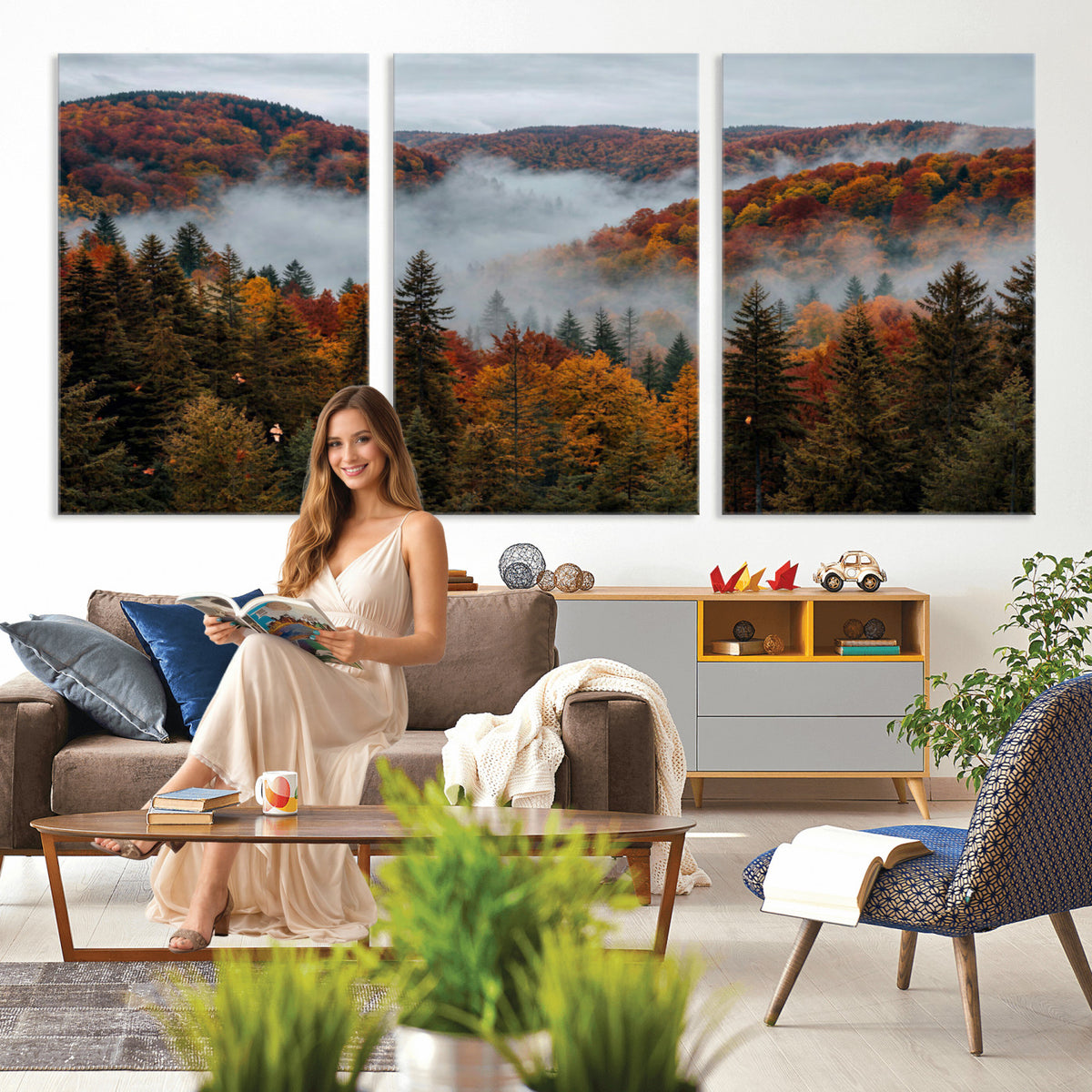 26686263-_Poster-30x20 - Misty Autumn Forest Mountain Canvas Print 3 Panel Wall Art Gallery Wrapped Floating Frame Poster Made in USA