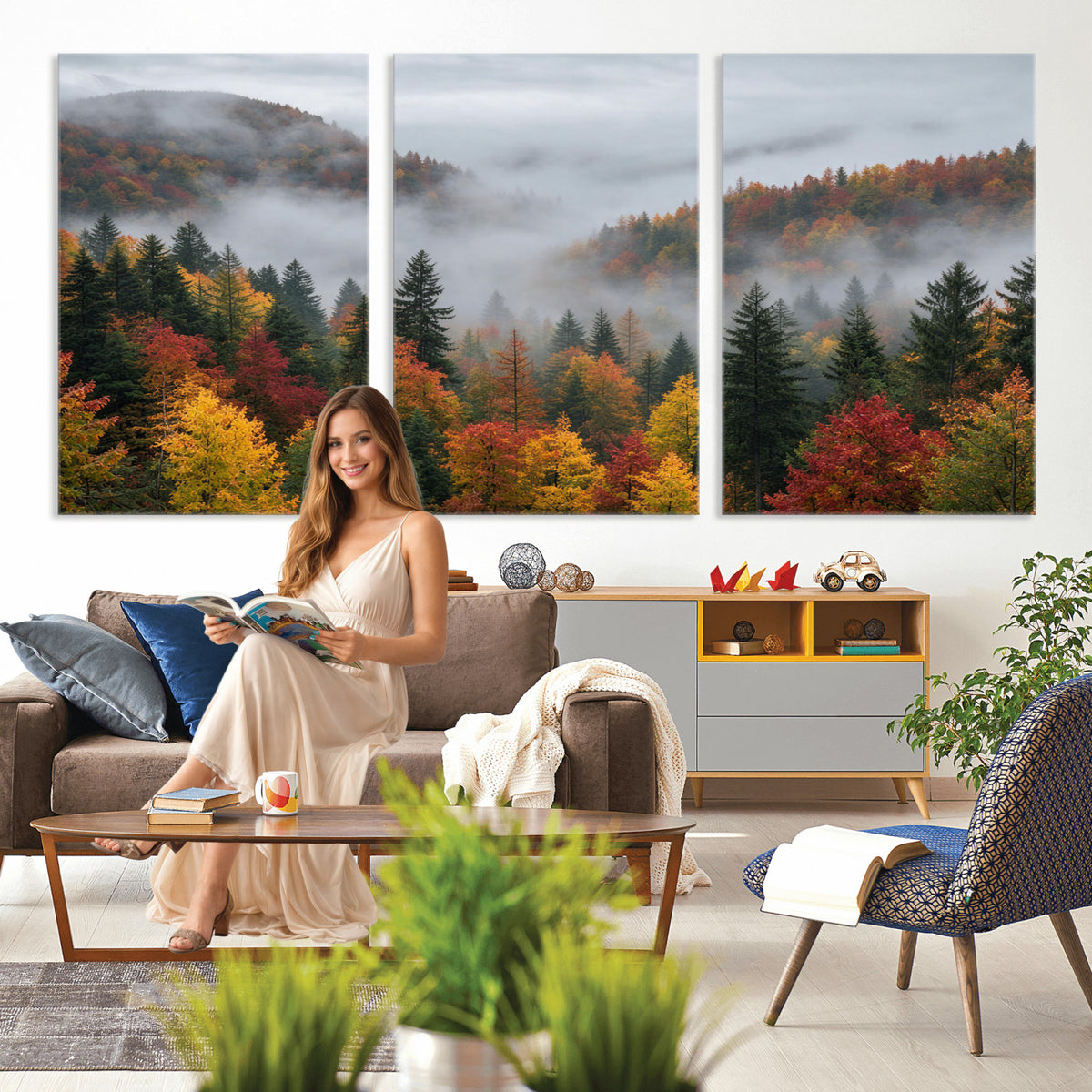 47877083-_Poster-30x20 - Fall Forest Misty Mountain Canvas Print Smoky Mountain Landscape Wall Art Autumn Trees Nature Poster Printing