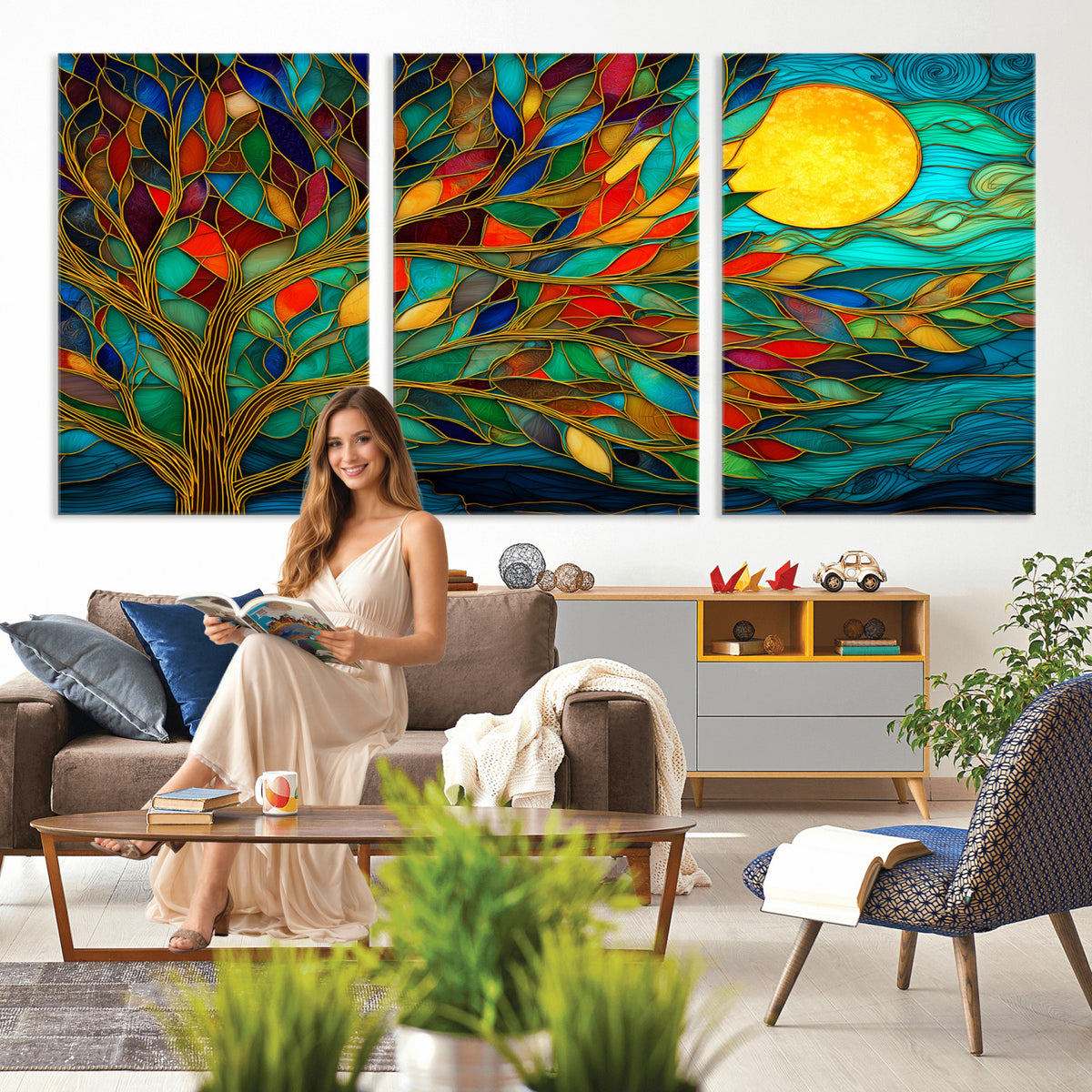11877152-MGV-CV-36X24 - Stained Glass Tree Of Life Wall Art - Vibrant Mosaic Nature Home Decor