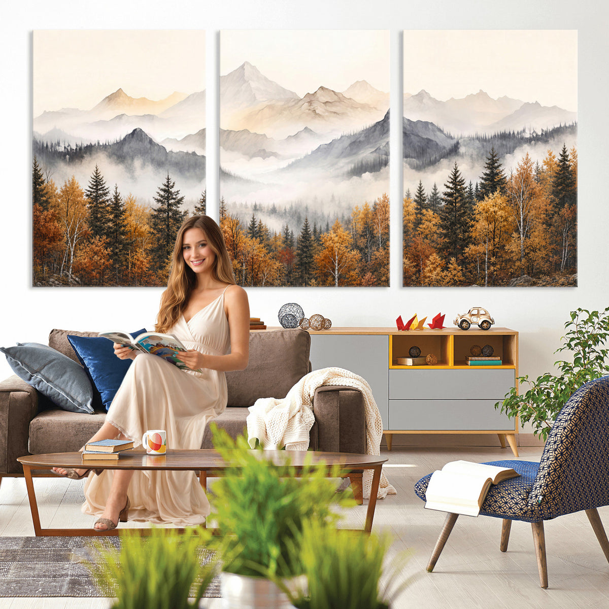 19544118-MGV-TP-30X20 - Misty Mountain Autumn Forest Canvas Wall Art - Watercolor Fall Nature Landscape Print