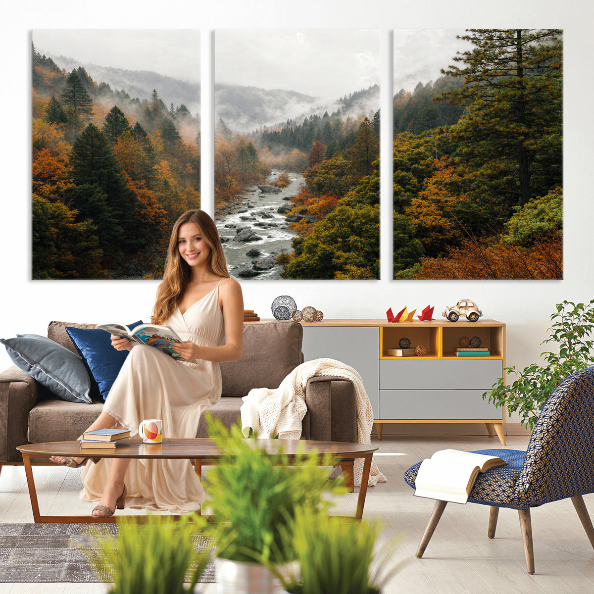 95540697-MGV-TP-30X20 - Misty River Mountain Valley Canvas Wall Art - Autumn Forest Landscape Nature Print