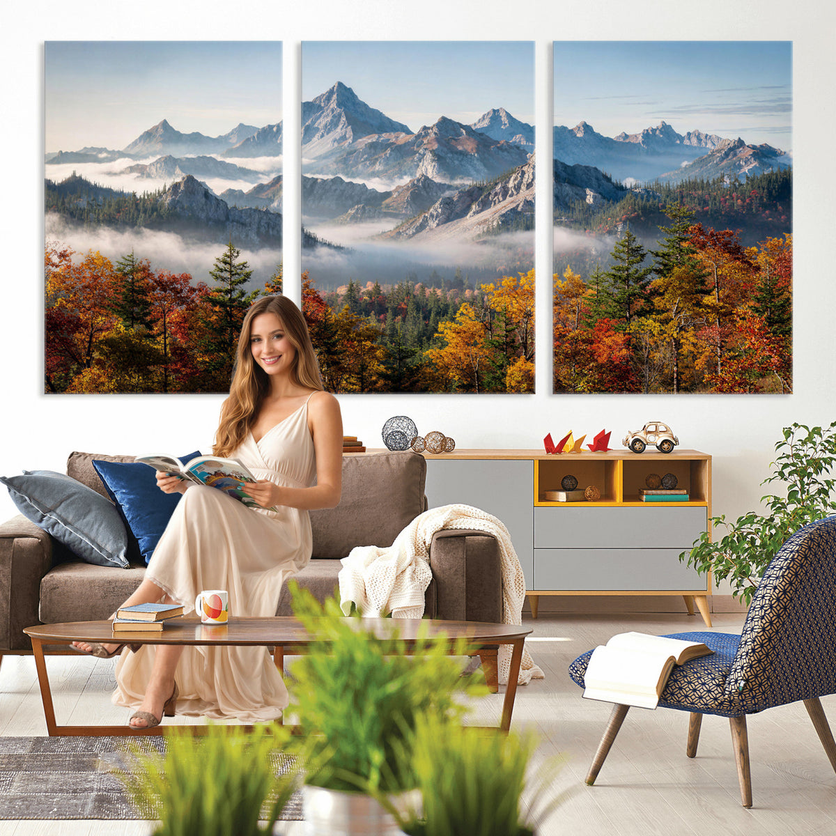 38847944-MGV-TP-30X20 - Majestic Mountain Peak Canvas Wall Art - Panoramic Autumn Forest Fog Landscape Print