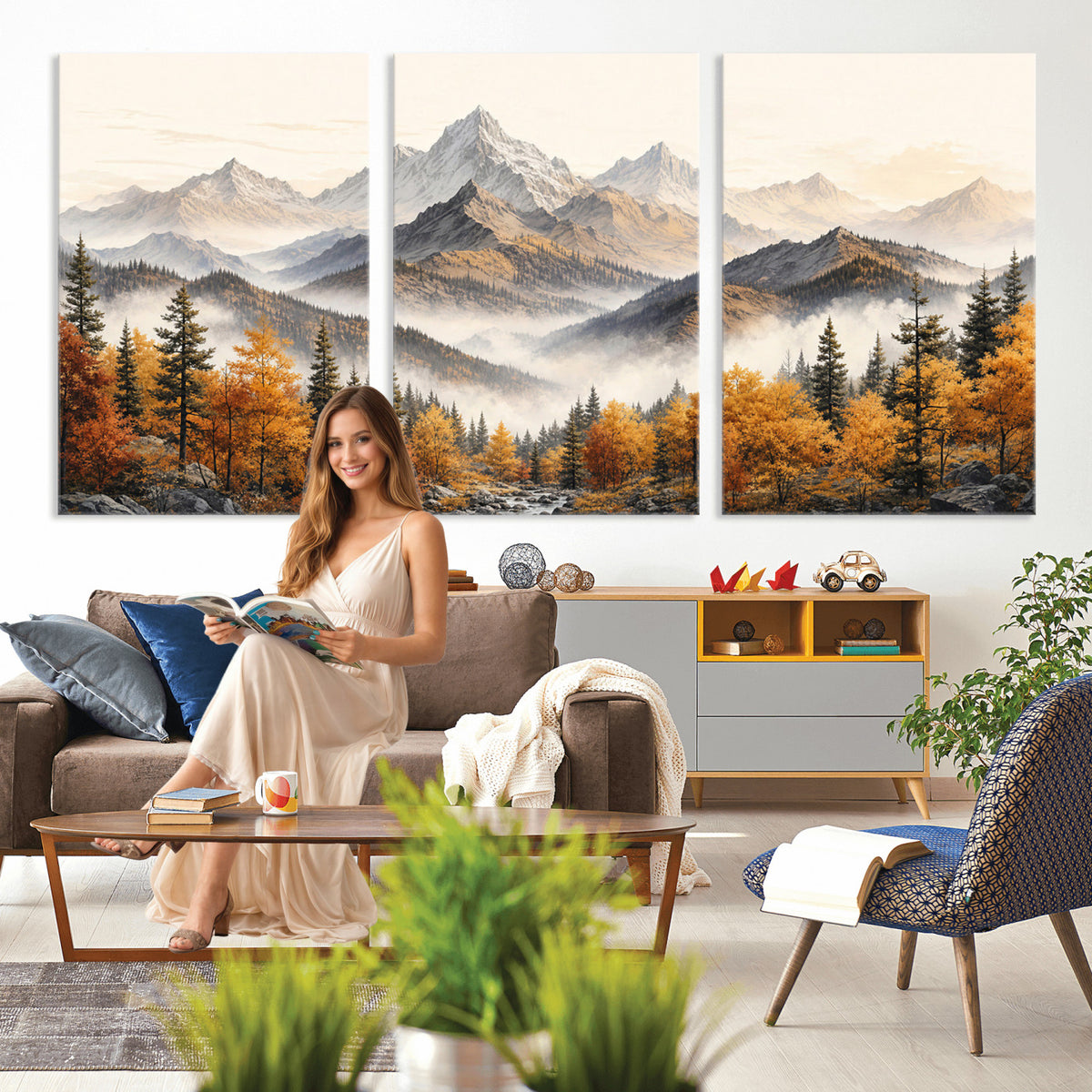 21309099-MGV-TP-30X20 - Extra Large Misty Mountain Autumn Forest Canvas Wall Art - Watercolor Fall Nature Landscape Print