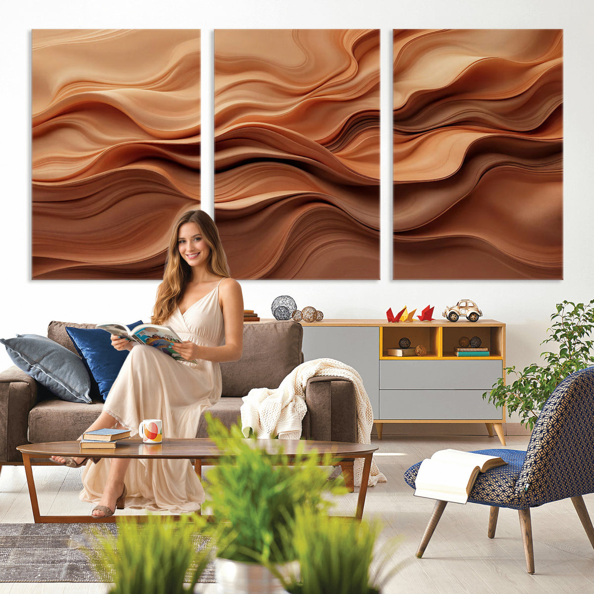 82230697-MGV-CV-36X24 - Modern Abstract Fluid Waves Canvas Wall Art - Minimalist Warm Terracotta Beige Sand Print