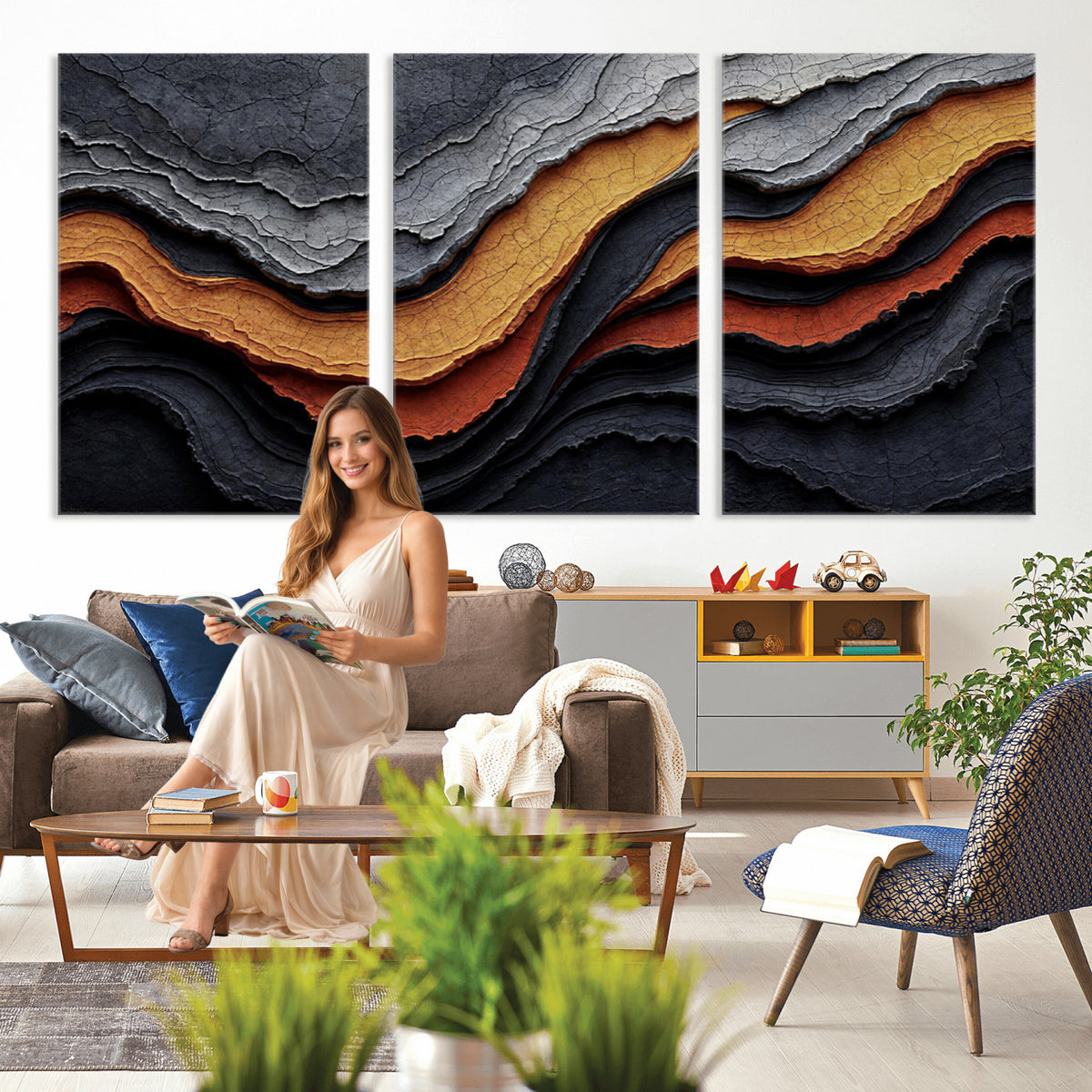 59852489-MGV-CV-36X24 - Abstract Waves Canvas Wall Art - Modern Terracotta and Charcoal Gray Print