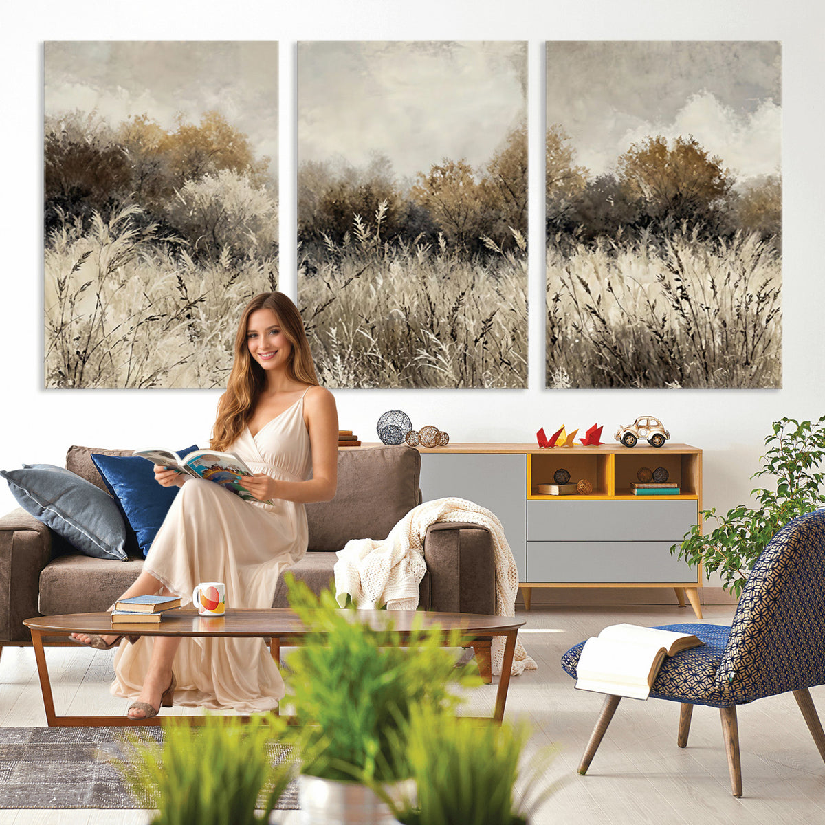 53959945-MGV-TP-30X20 - Muted Neutral Forest Landscape Canvas Wall Art - Vintage Rustic Wildflower Meadow Print