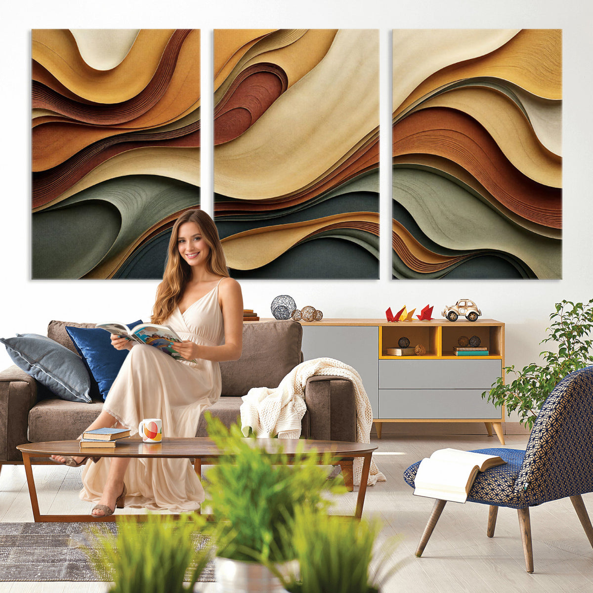 19337902-MGV-CV-36X24 - Modern Abstract Waves Canvas Wall Art - Minimalist Earthy Tone Living Room Decor