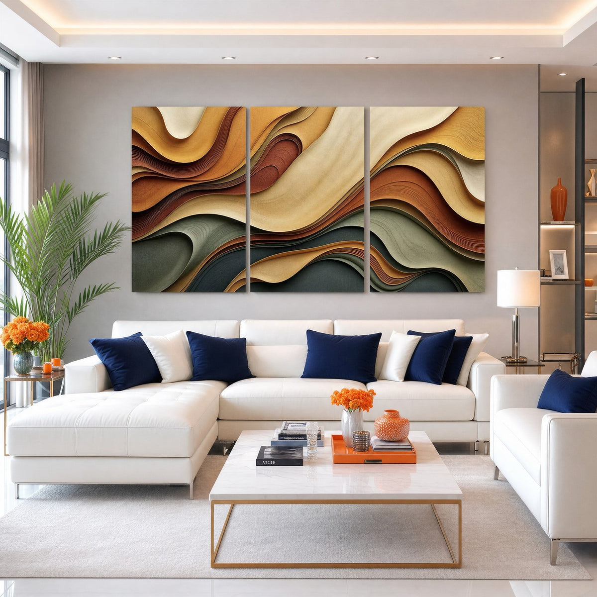 19337902-_Poster-30x20 - Modern Abstract Waves Canvas Wall Art - Minimalist Earthy Tone Living Room Decor