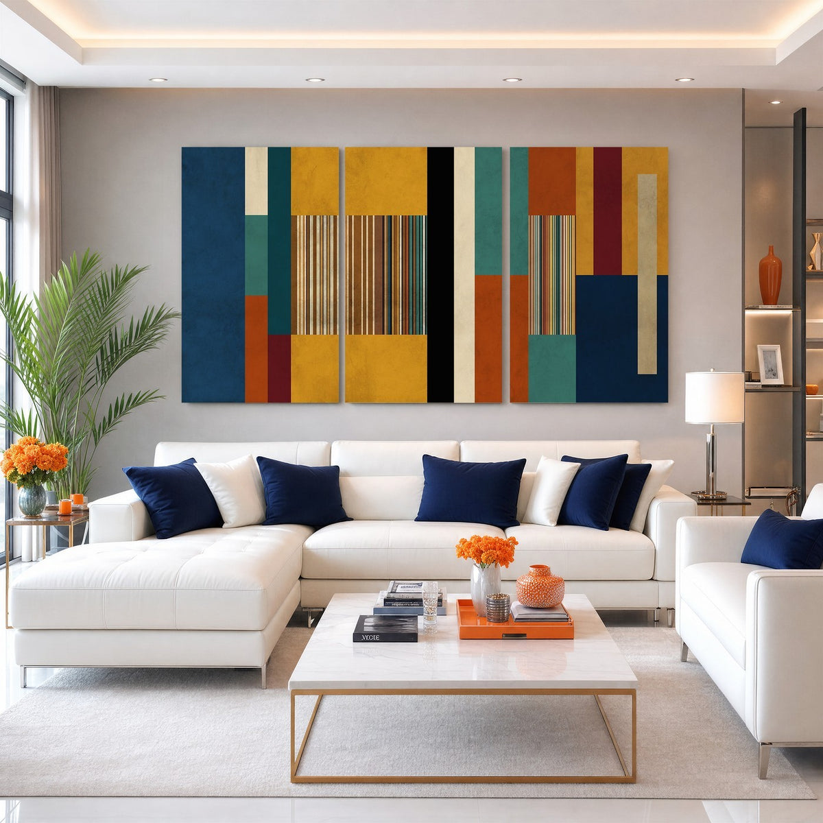53992657-MGV-CV-48X32-3P - Mid Century Abstract Color Block Canvas Wall Art, Geometric Striped Canvas Print
