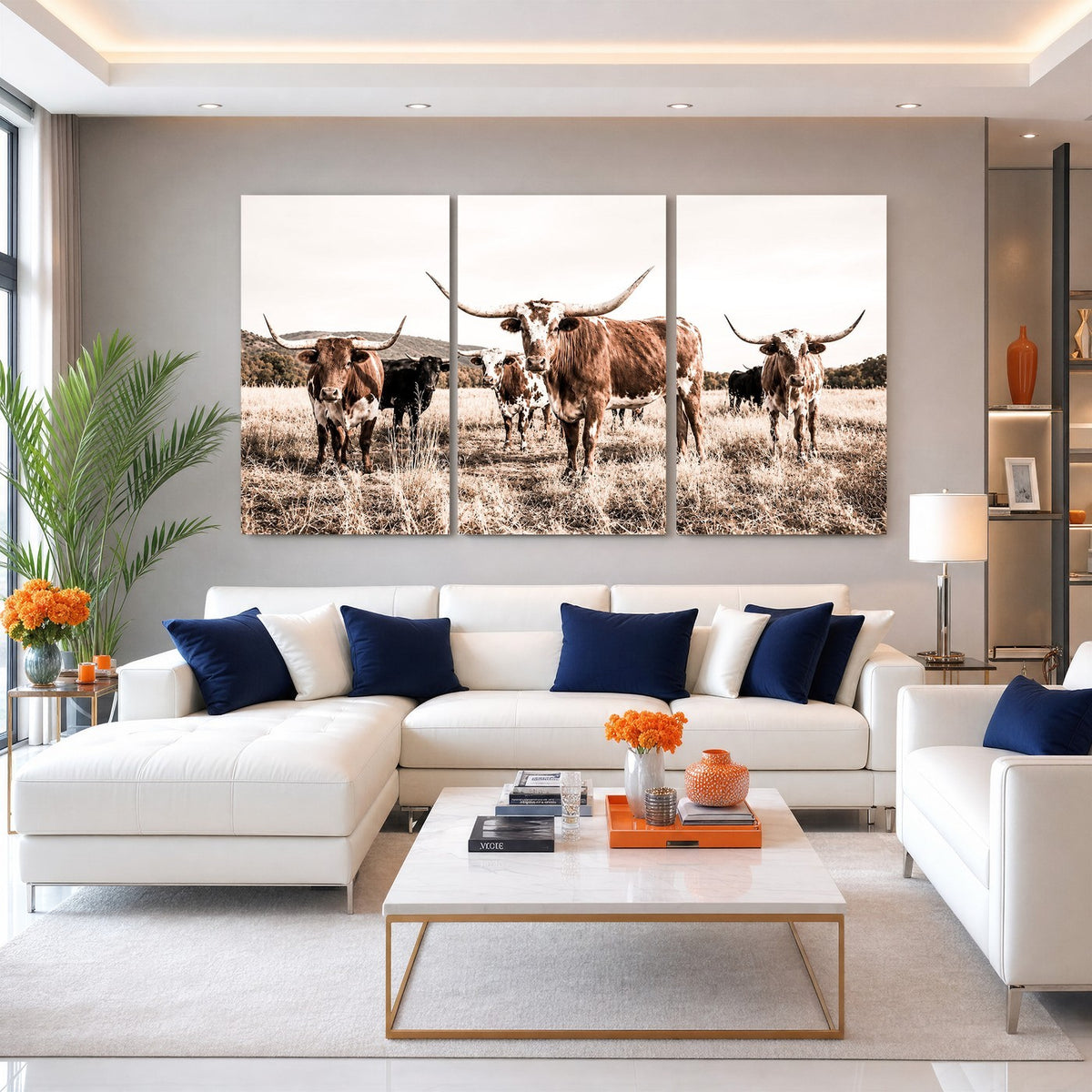 25234808-MGV-CV-48X32-3P - Texas Longhorn Cattle Canvas Wall Art, Western Ranch Home Decor