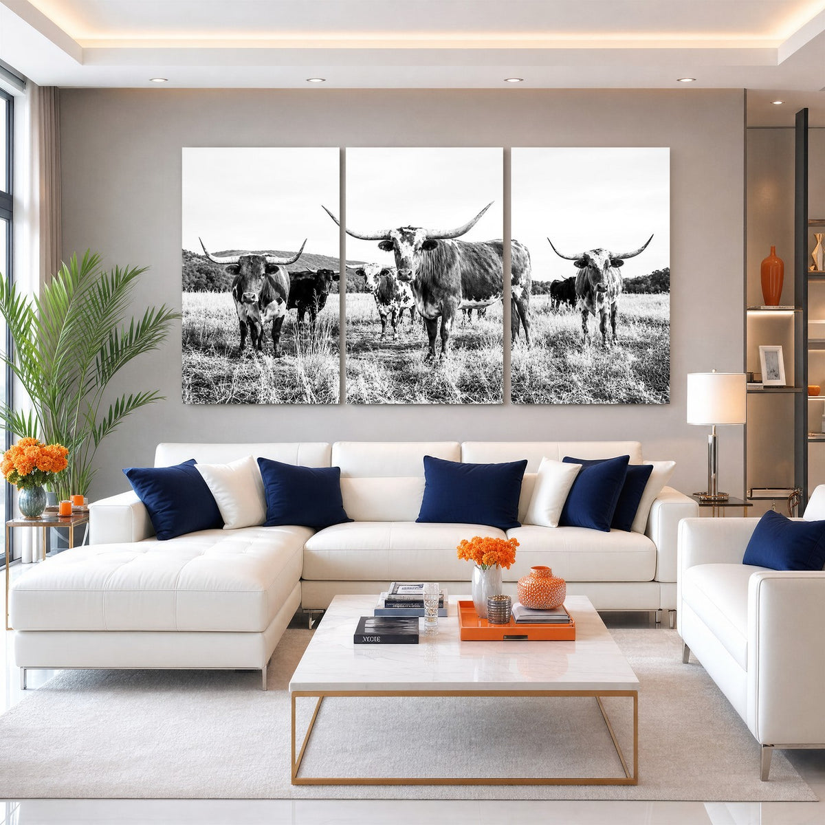 73228277-MGV-CV-48X32-3P - Black and White Longhorn Cattle Canvas Print, Western Ranch Wall Decor