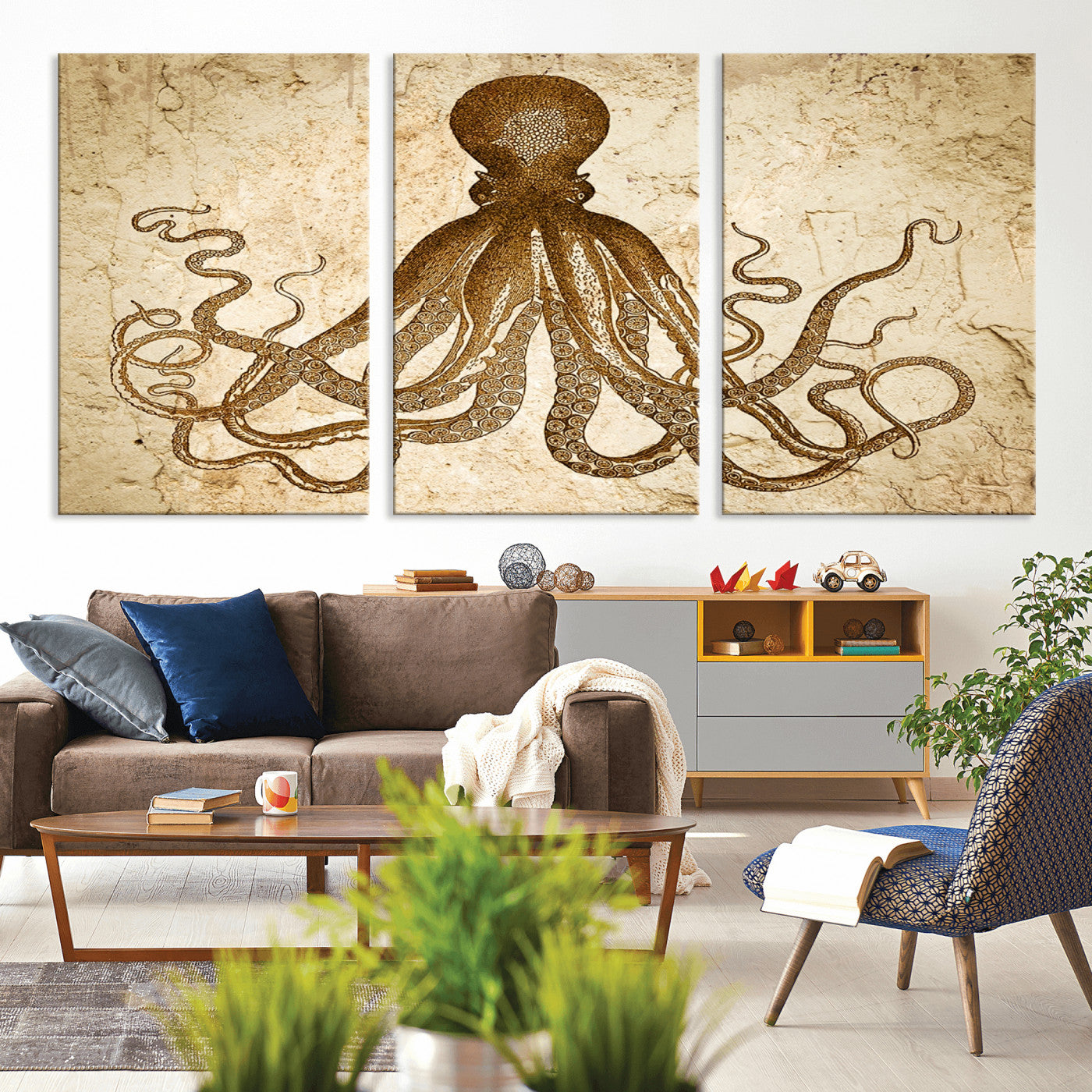 96154-MGV-CV-36X24-Sepia Octopus Wall Art Abstract Animal Canvas Print