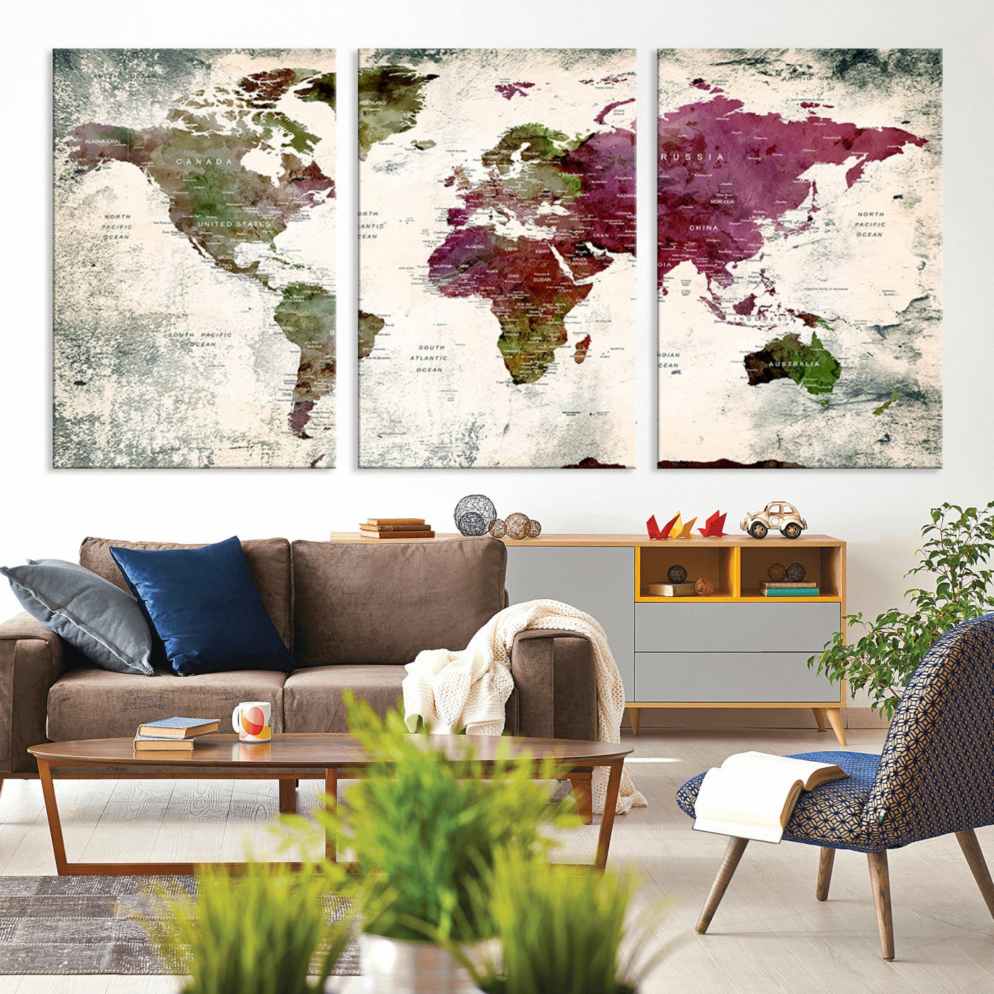 MGV-CV-60X30-3P - World Map Wall Art Canvas Print for Home and Office Decor