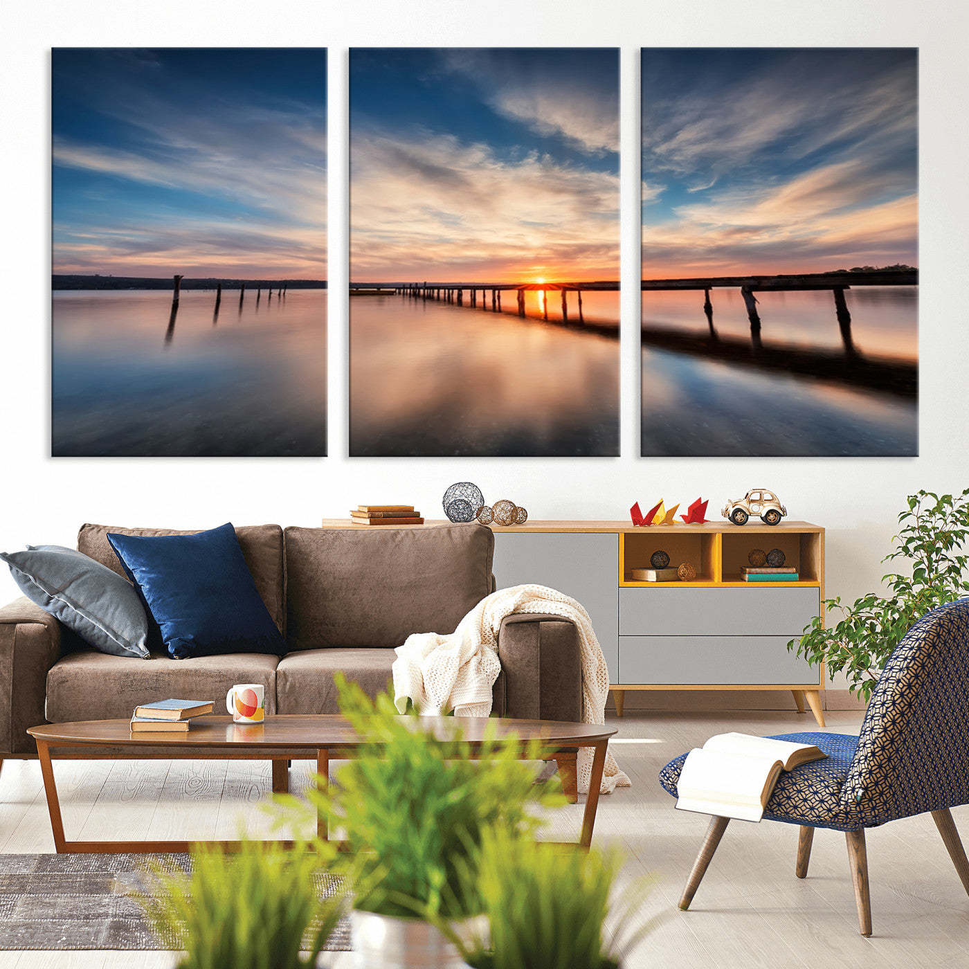 MGV-CV-60X30-3P - Wooden Pier on Seascape and Sunset Wall Art Canvas Print