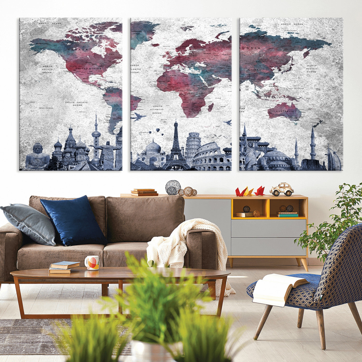 MGV-CV-60X30-3P - Push Pin World Map Canvas Print – Framed Wall Art for Couples to Track Their Travels – Anniversary