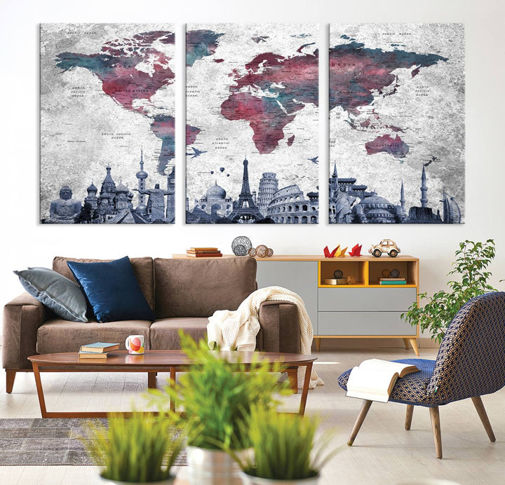 The dining room features a Blue Multipanel World Map Wall Art Canvas Print that adorns the wall, highlighting its neutral decor.