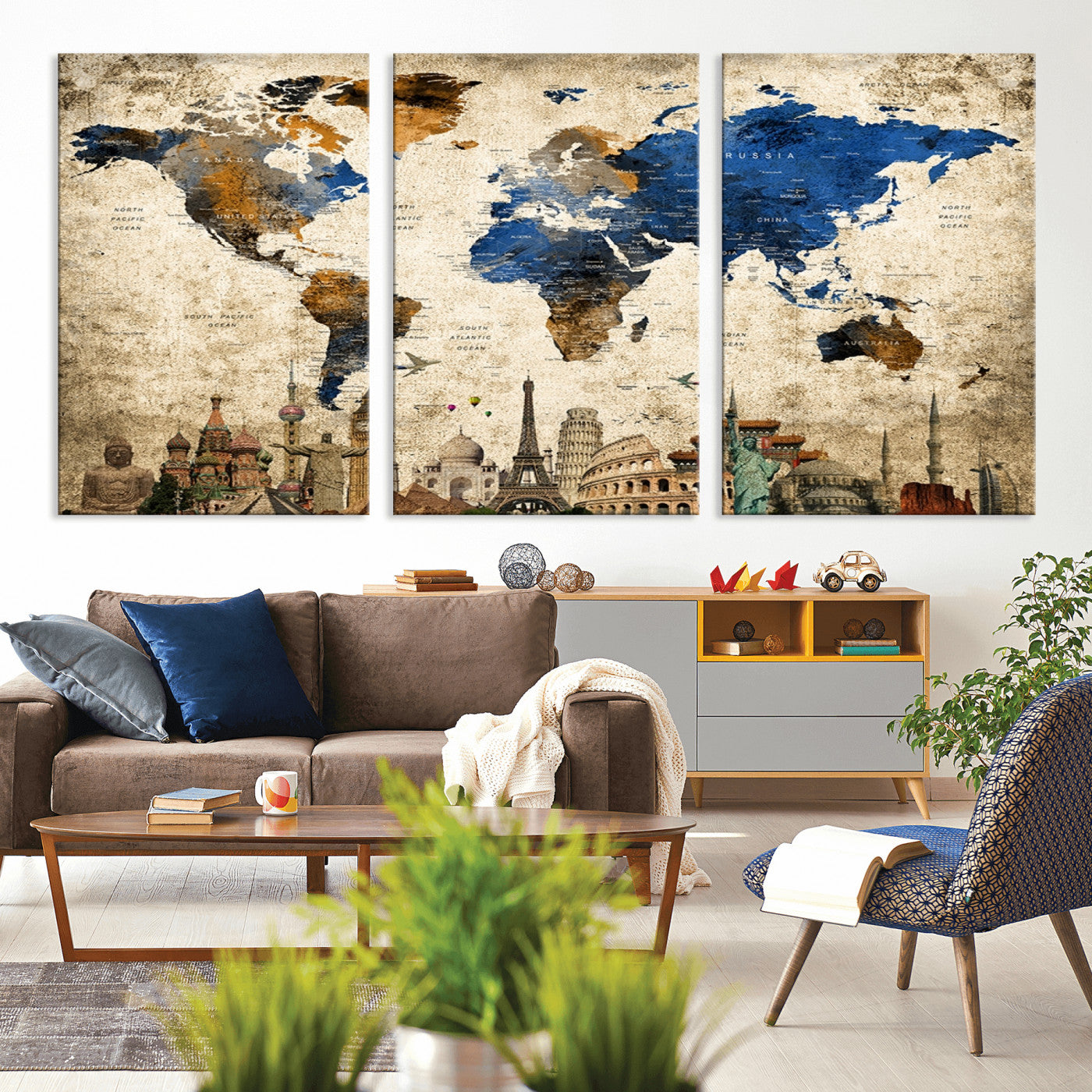 MGV-CV-60X30-3P - Push Pin World Map Canvas Print – Framed Wall Art for Couples to Track Their Travels – Anniversary