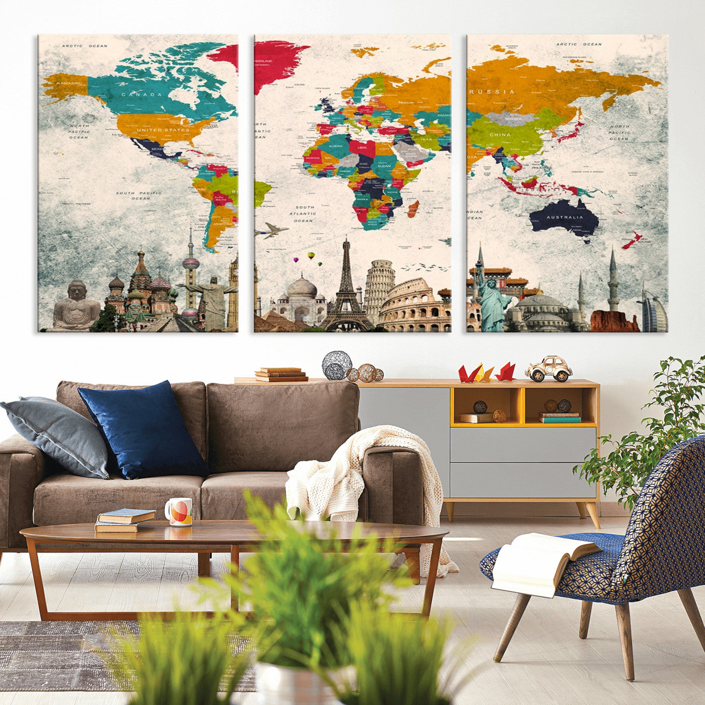 MGV-CV-60X30-3P - Push Pin World Map Canvas Print – Framed Wall Art for Couples to Track Their Travels – Anniversary