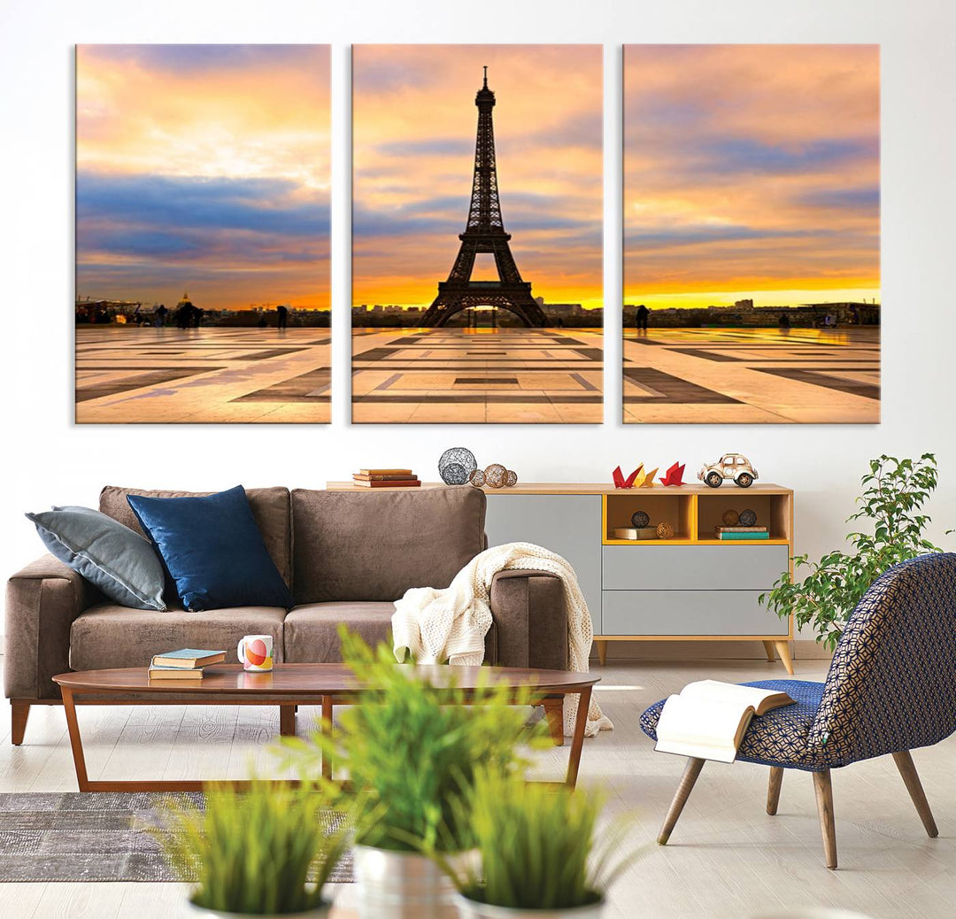 The "Paris Eiffel Tower Wall Art Canvas Prints" graces a wooden wall reminiscent of abstract expressionism.