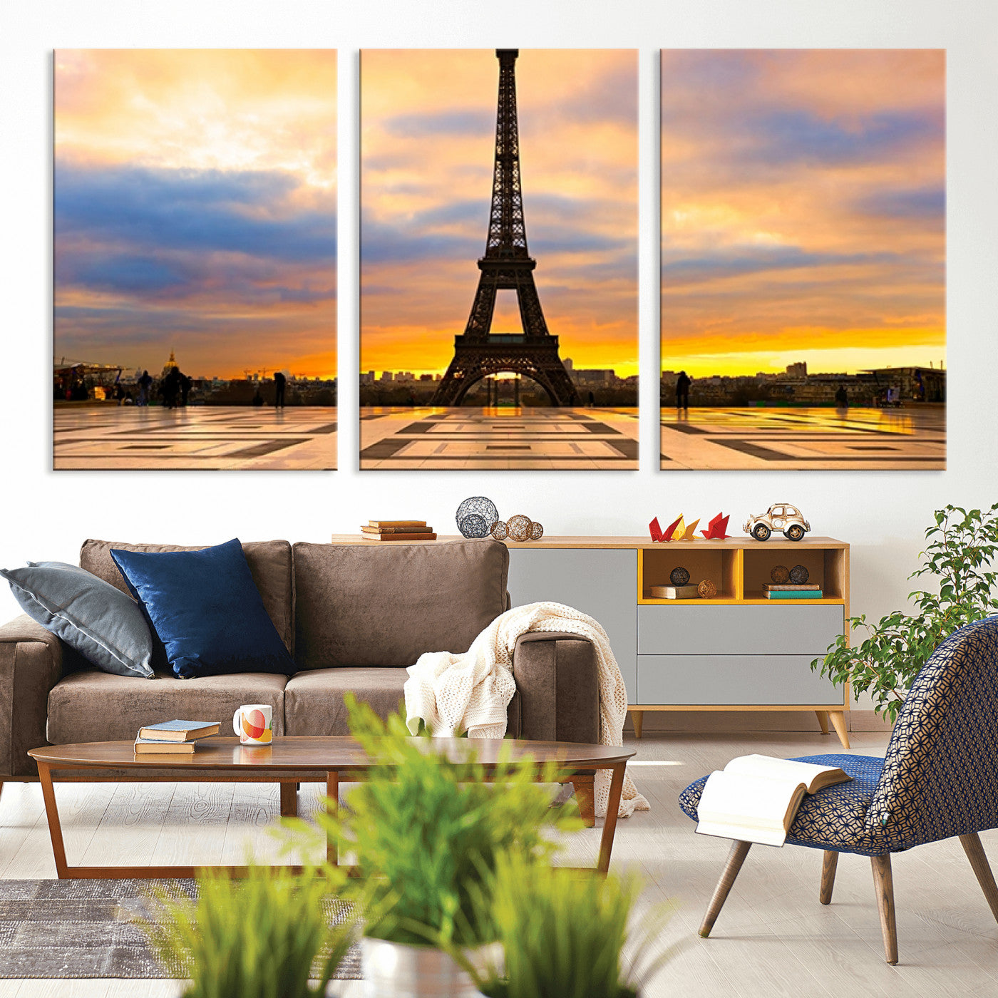 MGV-CV-60X30-3P - Paris Eiffel Tower Sunset Canvas Wall Art Print - Iconic Landmark Decor with Vibrant Colors