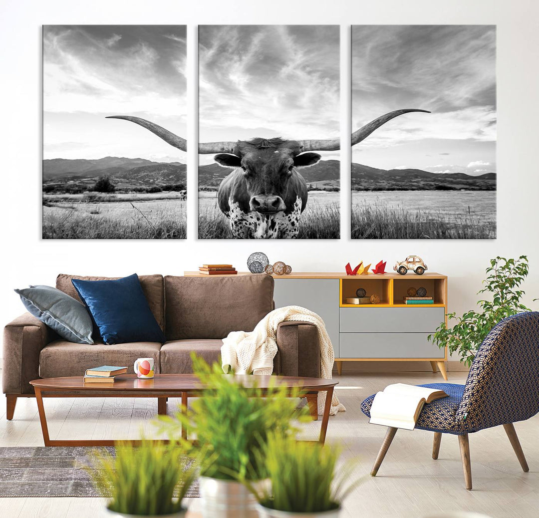 Longhorn Cow Wall Art Canvas Print Farmhouse Wall Art - Texas Longhorn Wall Art Print