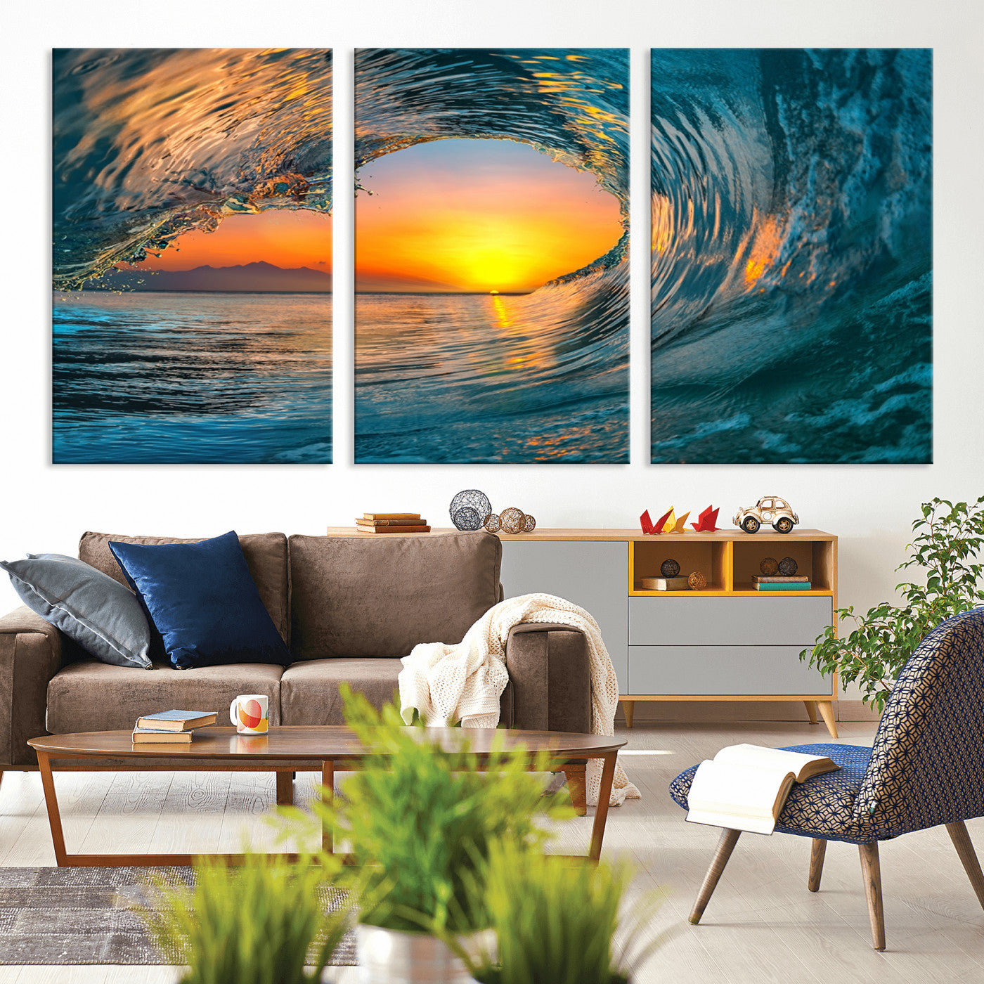 MGV-CV-60X30-3P - Ocean Wave Sunset Wall Art | Large Coastal Wave Canvas Print | 3-Panel Ocean Sunset Seascape for