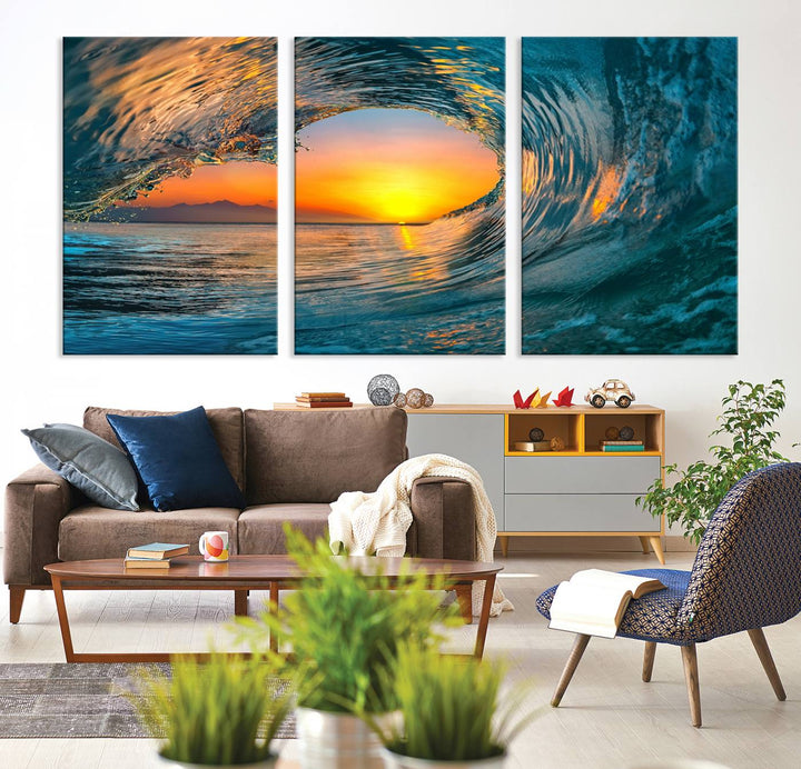 The Ocean Wave Sunset Wall Art canvas print features a vibrant ocean wave at sunset, forming a tunnel with silhouetted mountains.