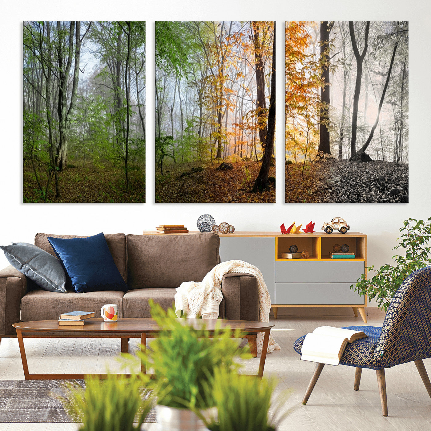 MGV-CV-60X30-3P - Four Seasons Wall Art Forest Canvas Print – Triptych Seasonal Nature Print – Landscape Decor for