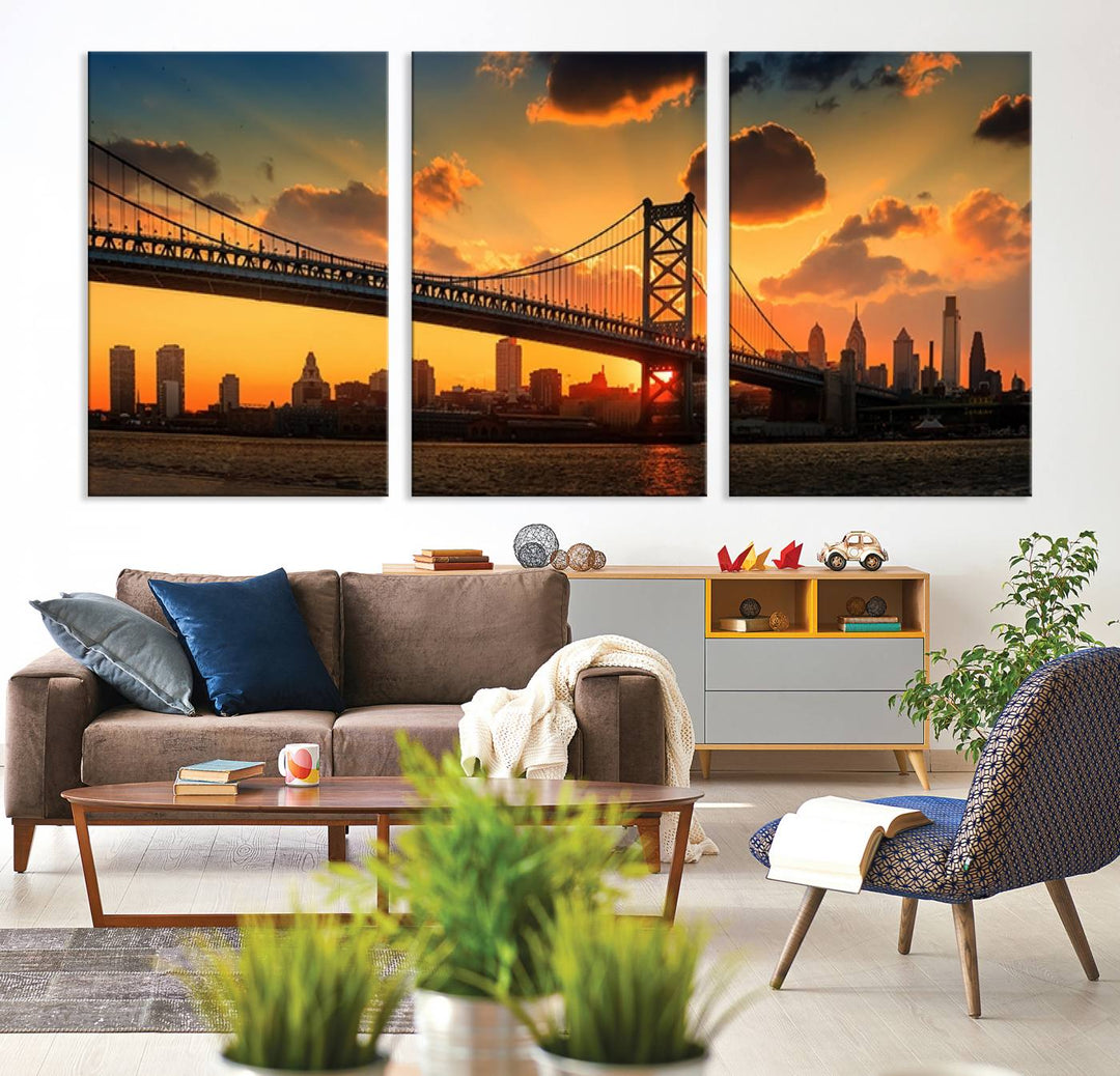 The Philadelphia Ben Franklin Bridge Wall Art Canvas Print radiates charm, embodying the beauty of premium canvas. This handmade-in-the-USA artwork captures attention with its distinct presence.