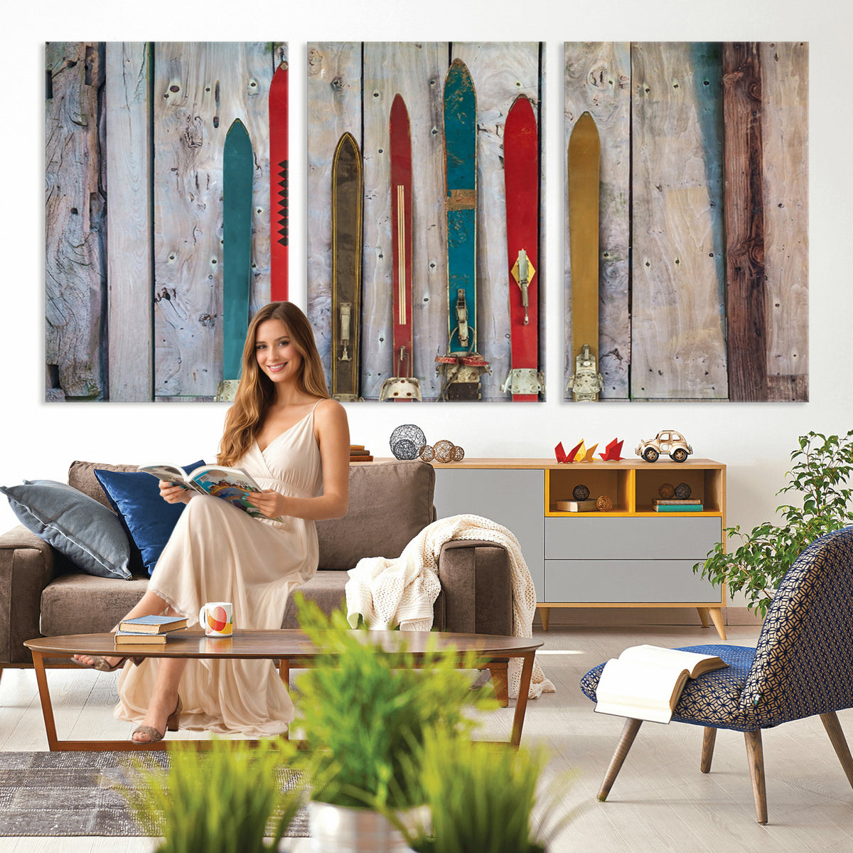 30640-MGV-CV-36X24 - Vintage Wooden Weathered Skis in Front of an Old Barn Wall Art Canvas Print