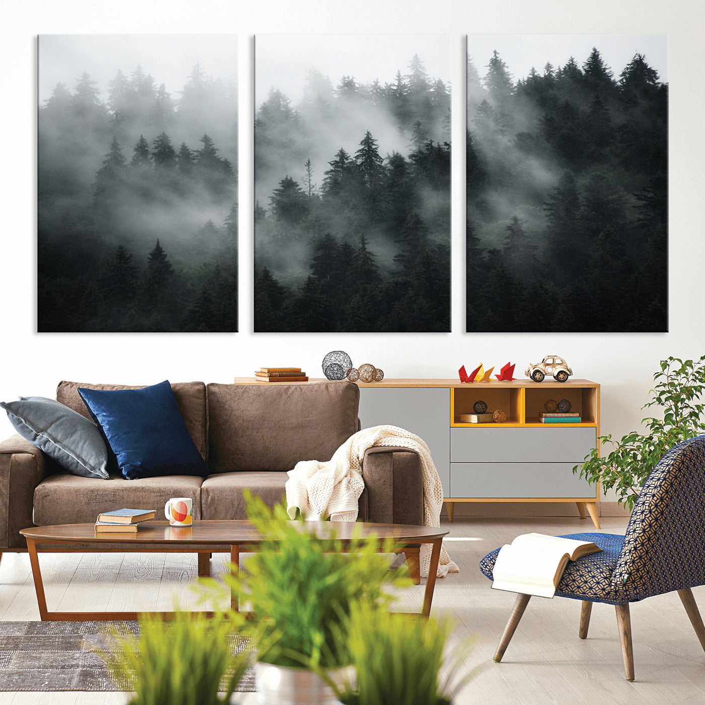 52359-MGV-CV-36X24-Foggy Forest Wall Art Canvas Print | 3 Panel Large Misty Landscape for Dining Room, Office, or Living Room | Ready to Hang Nature Deco