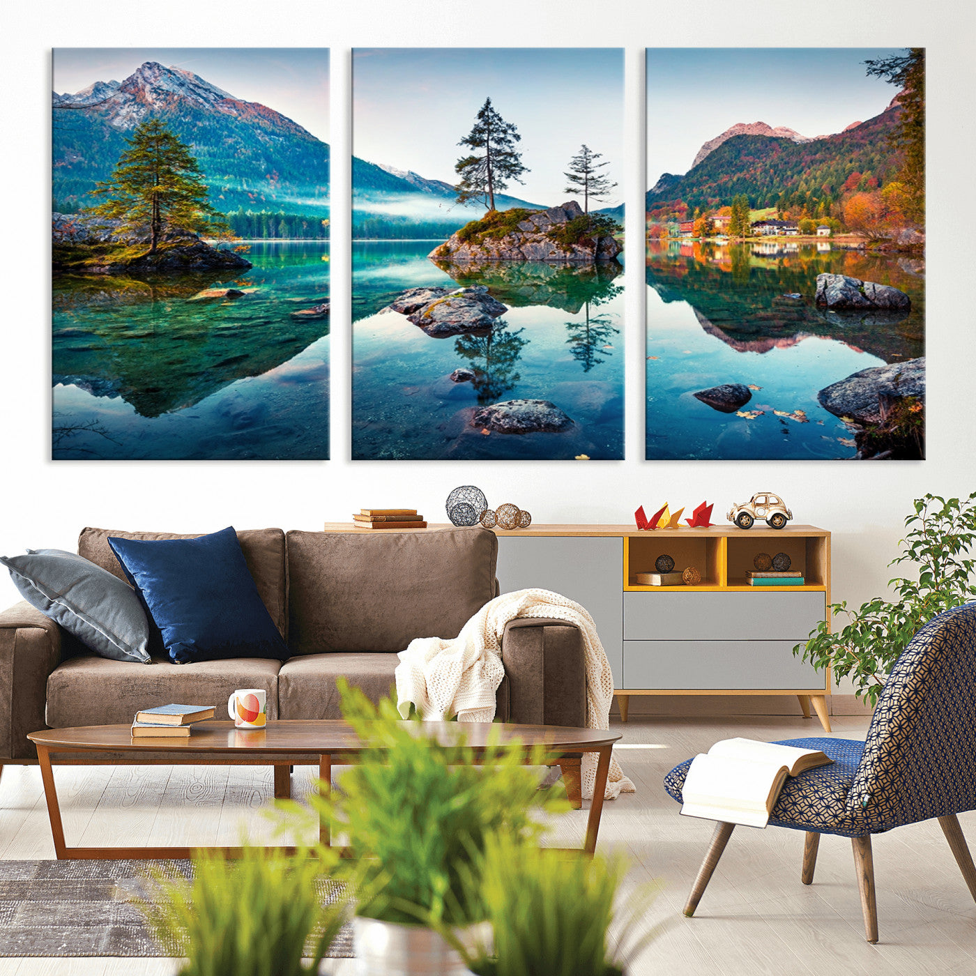 -Crystal Clear Lake Wall Art | Mountains Wall Art Canvas | 3 Panel Large Landscape Print for Dining
